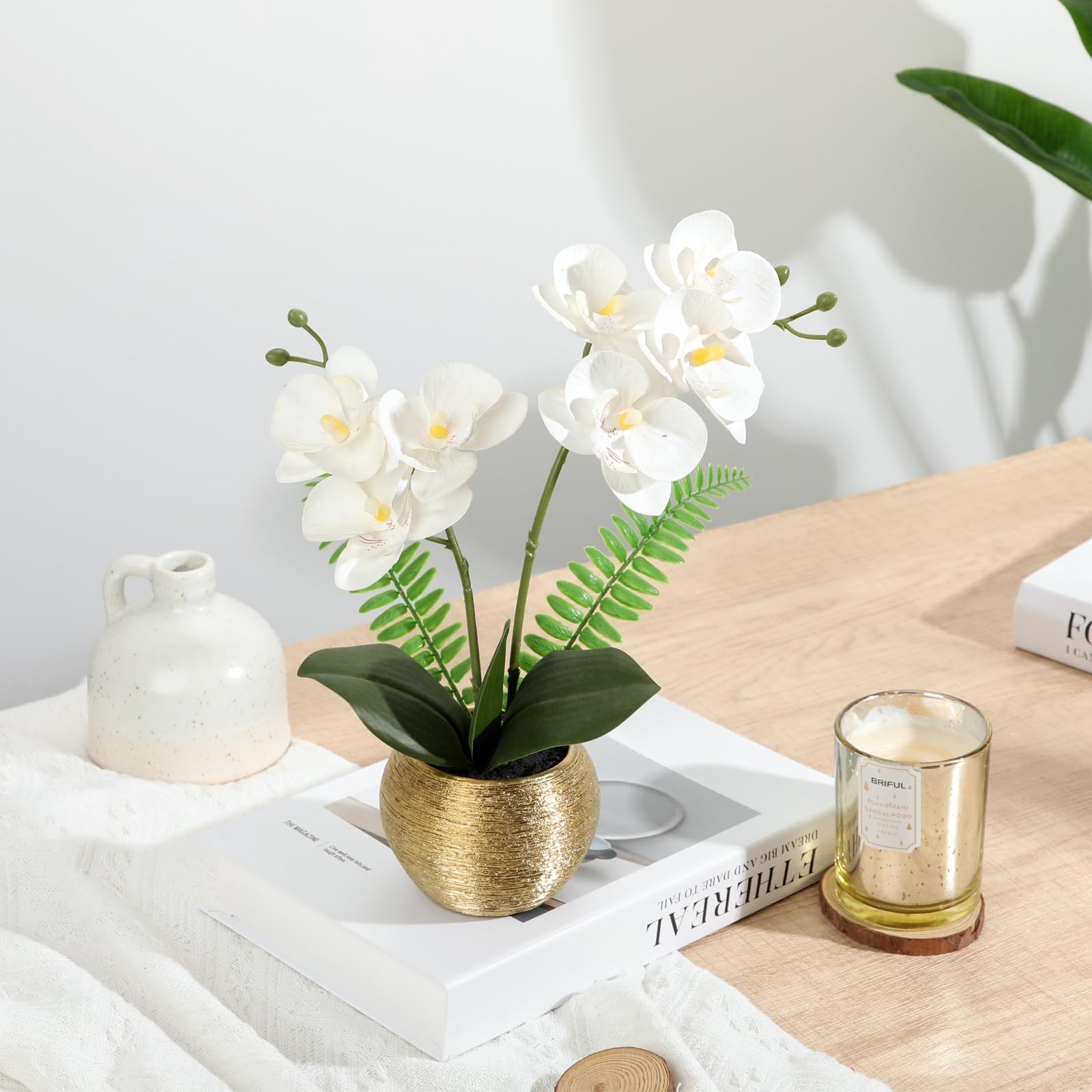 Artificial Orchid Flowers in Gold Ceramic Pot, 13″ Small White Faux Phalaenop…