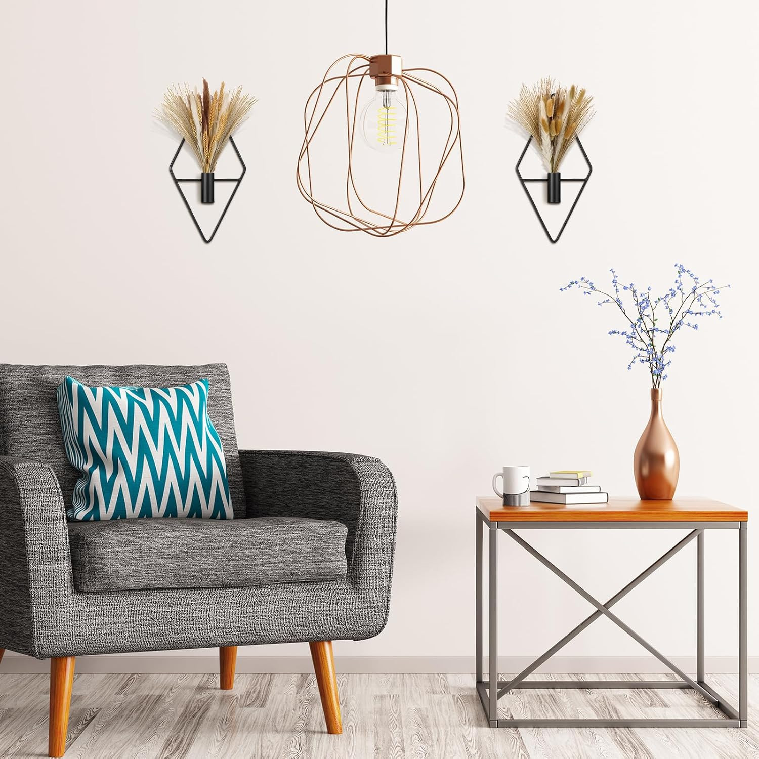 2 Pcs Small Boho Wall Decor Hanging Planters with Artificial Pampas Metal Wall A