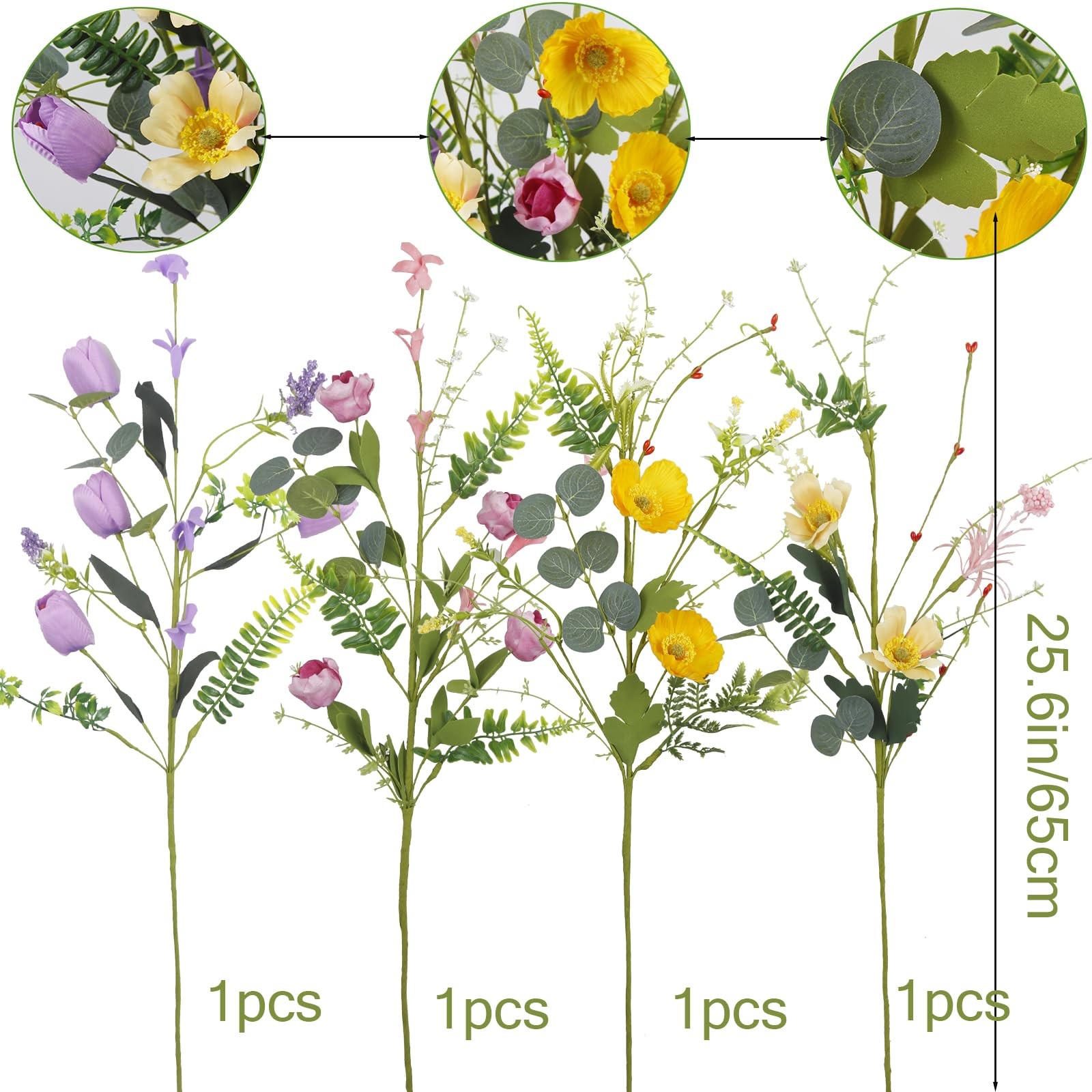 Wildflowers Artificial Flowers Daisies Roses Poppies Summer Decor 4 PCS