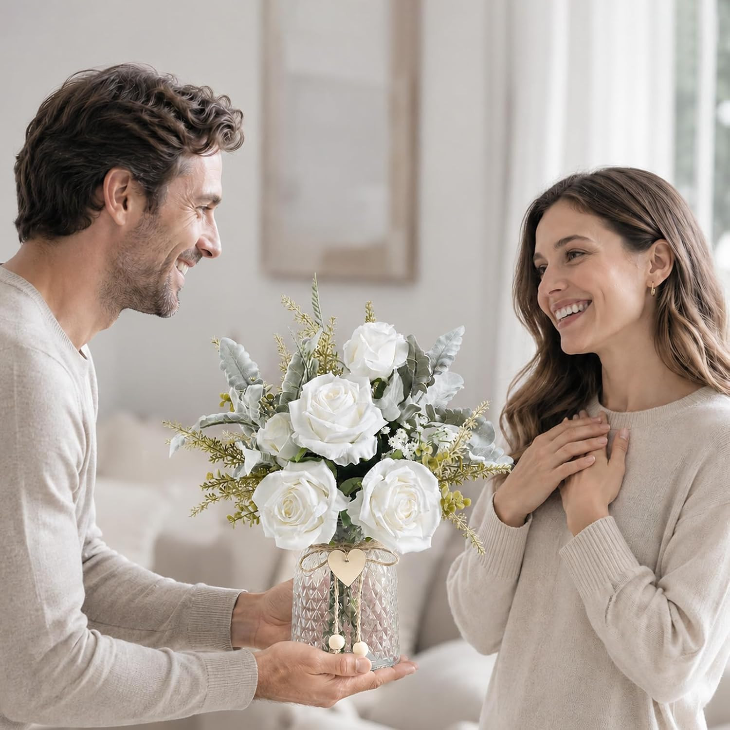 Artificial White Rose in Vase Faux Flowers for Home Decor Table Centerpiece | FL