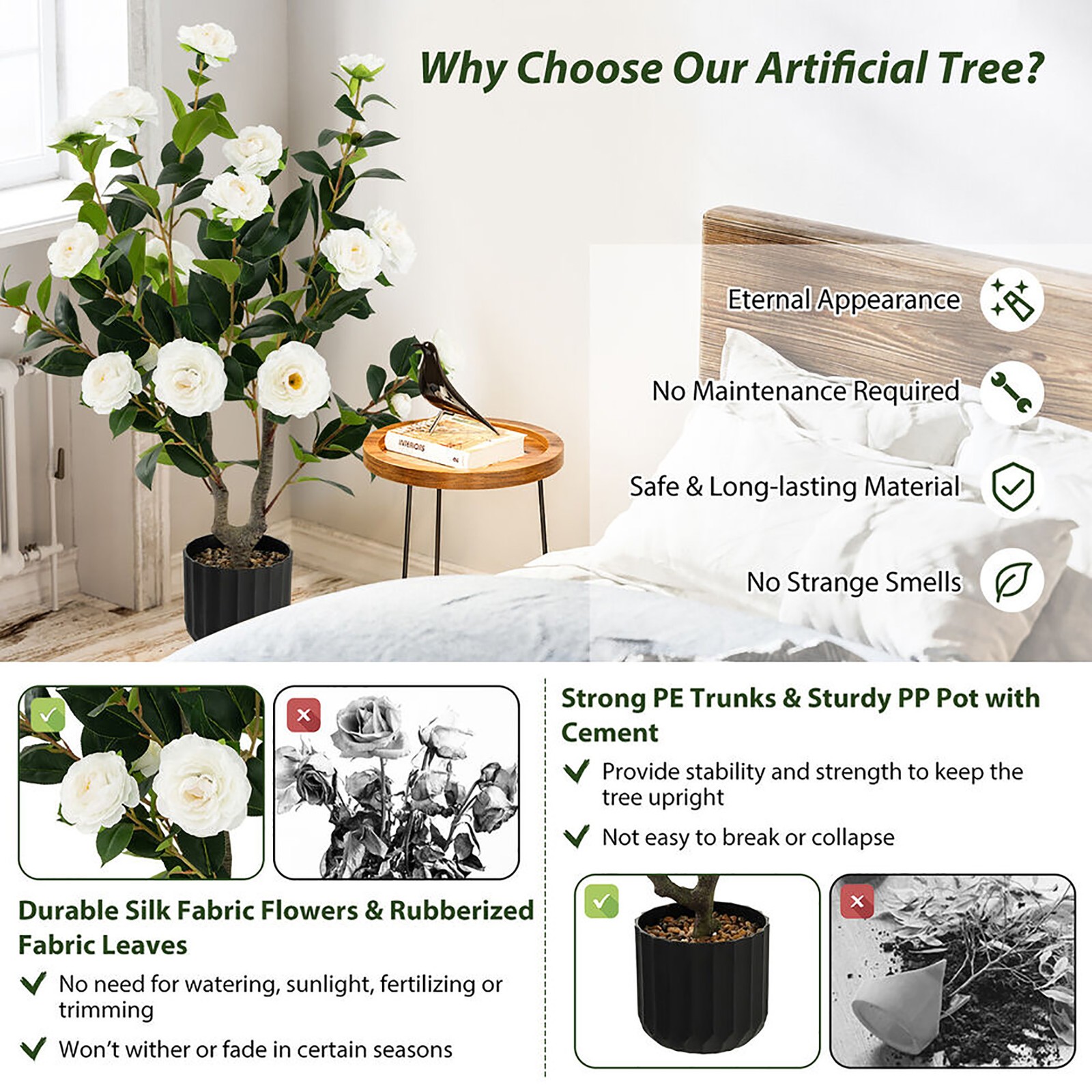 2-Pack 38” Artificial Camellia Tree Faux Floral Plant for Decoration White