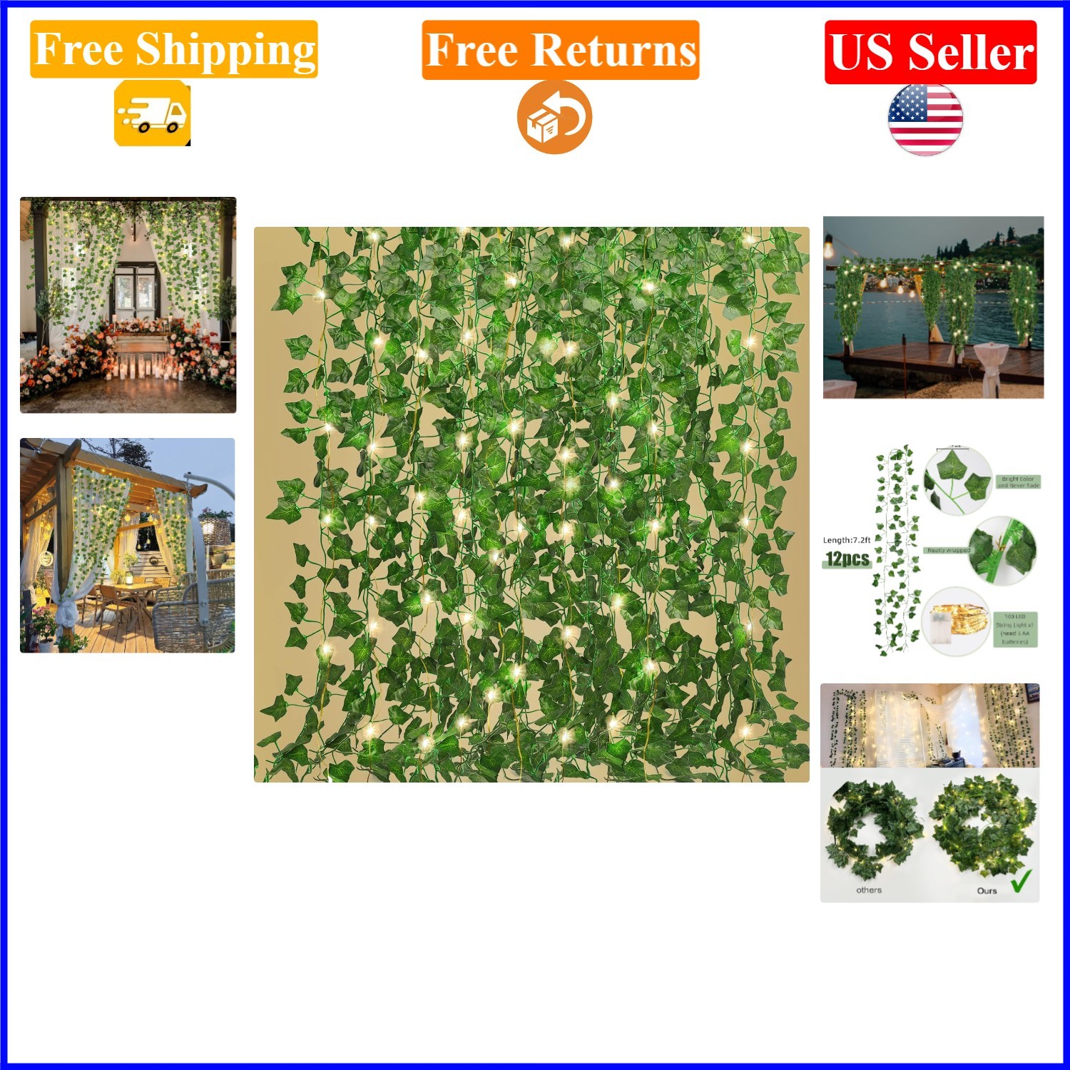 12 Pack Ivy Fake Vines with 100 LED String Lights, 86 ft Green Decor