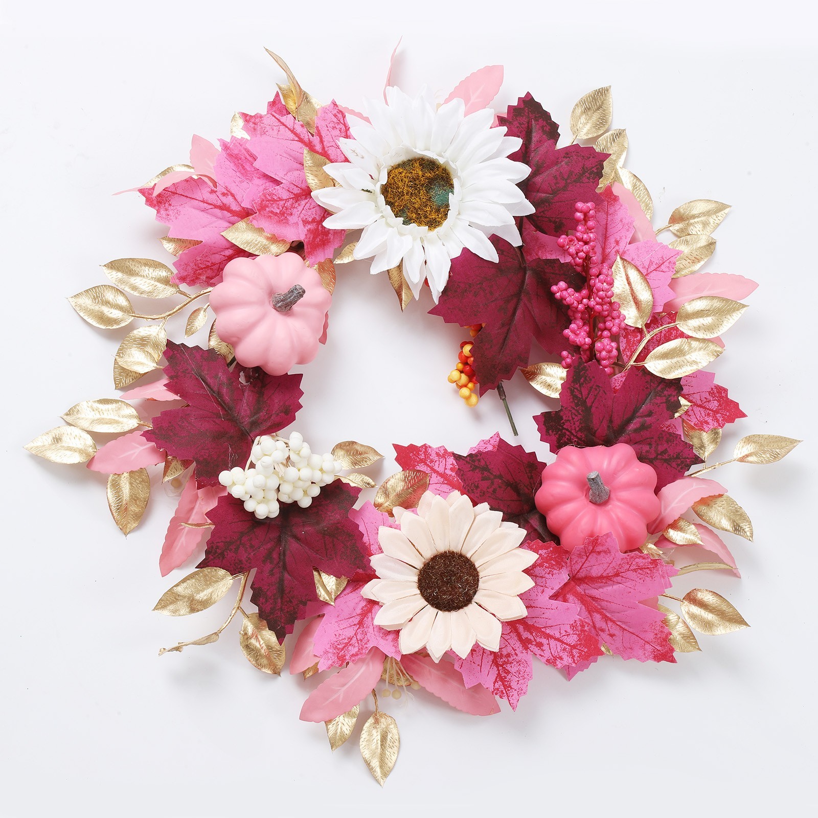 15.75in Artificial For Autumn Wreath Pastel Pink Theme with Pumpkins Sunflowers