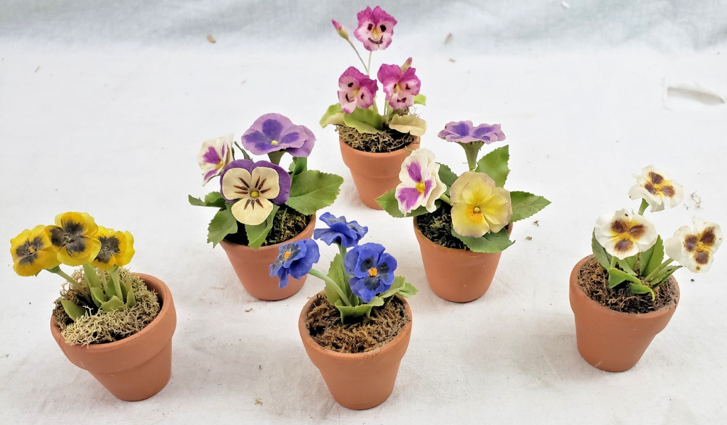 SET OF 6 GLOXINIA ARTIFICIAL FLOWERS IN PLANT POTS MINIATURES