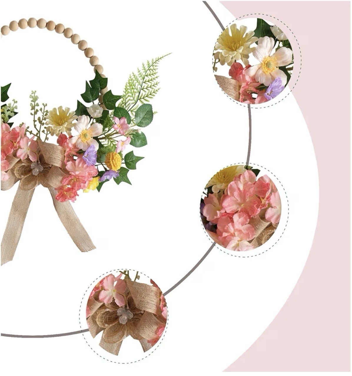 16 Inch Artificial Spring Wooden Bead Wreath with Flower Bow Summer Hydrangea