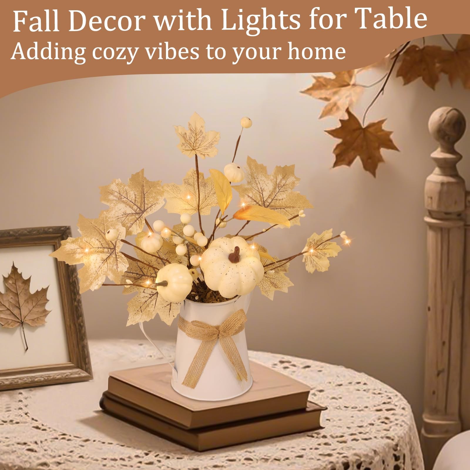 [Light & Timer] Fall Decor Table Centerpiece Potted White Maple Arrangement i…