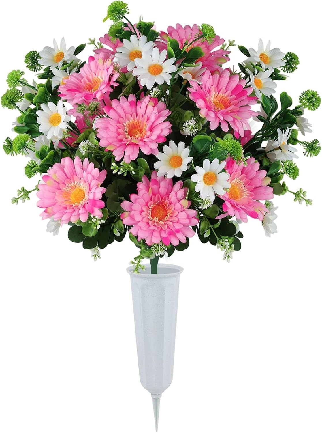 Artificial Cemetery Flowers for Grave with Vase, 24 Branches Daisy Fake Silk …