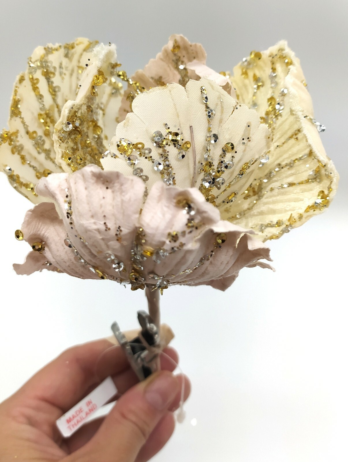 F011 Cream Hibiscus Glittered Clip On Christmas Decoration Artificial Flower
