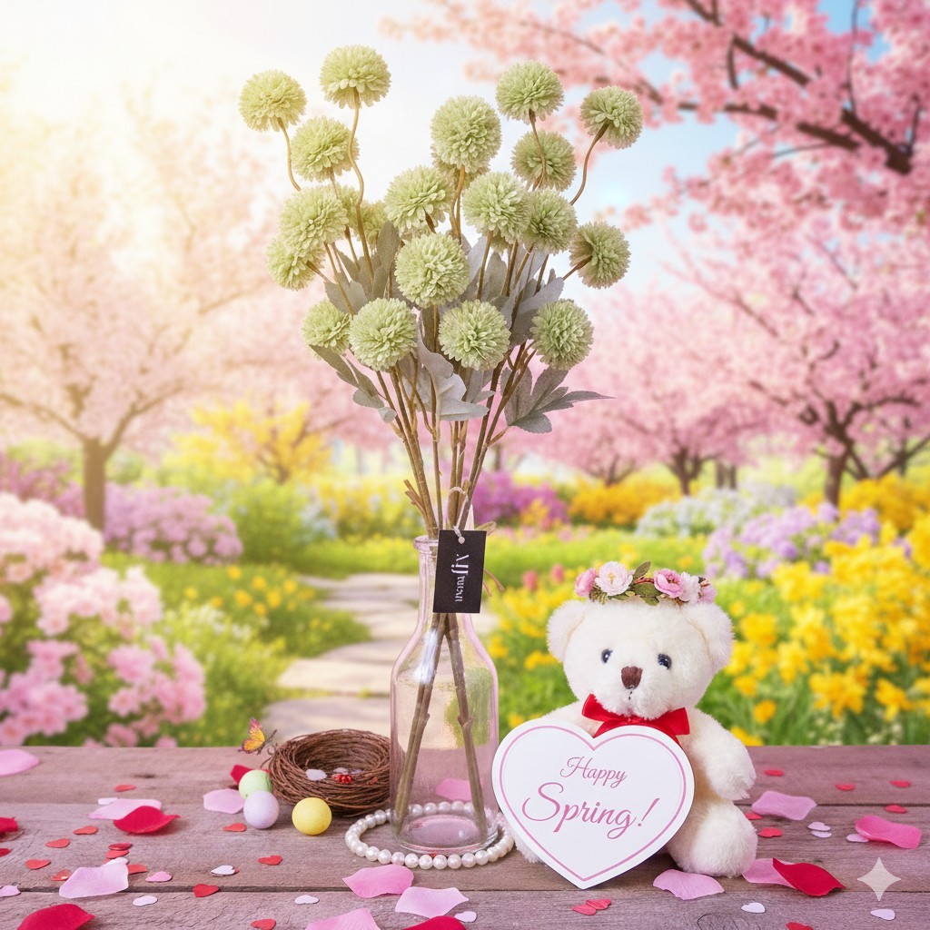 Green Pom Pom Mum Artificial Flowers 9 Stems – Unique Valentine’s Day Gift Decor