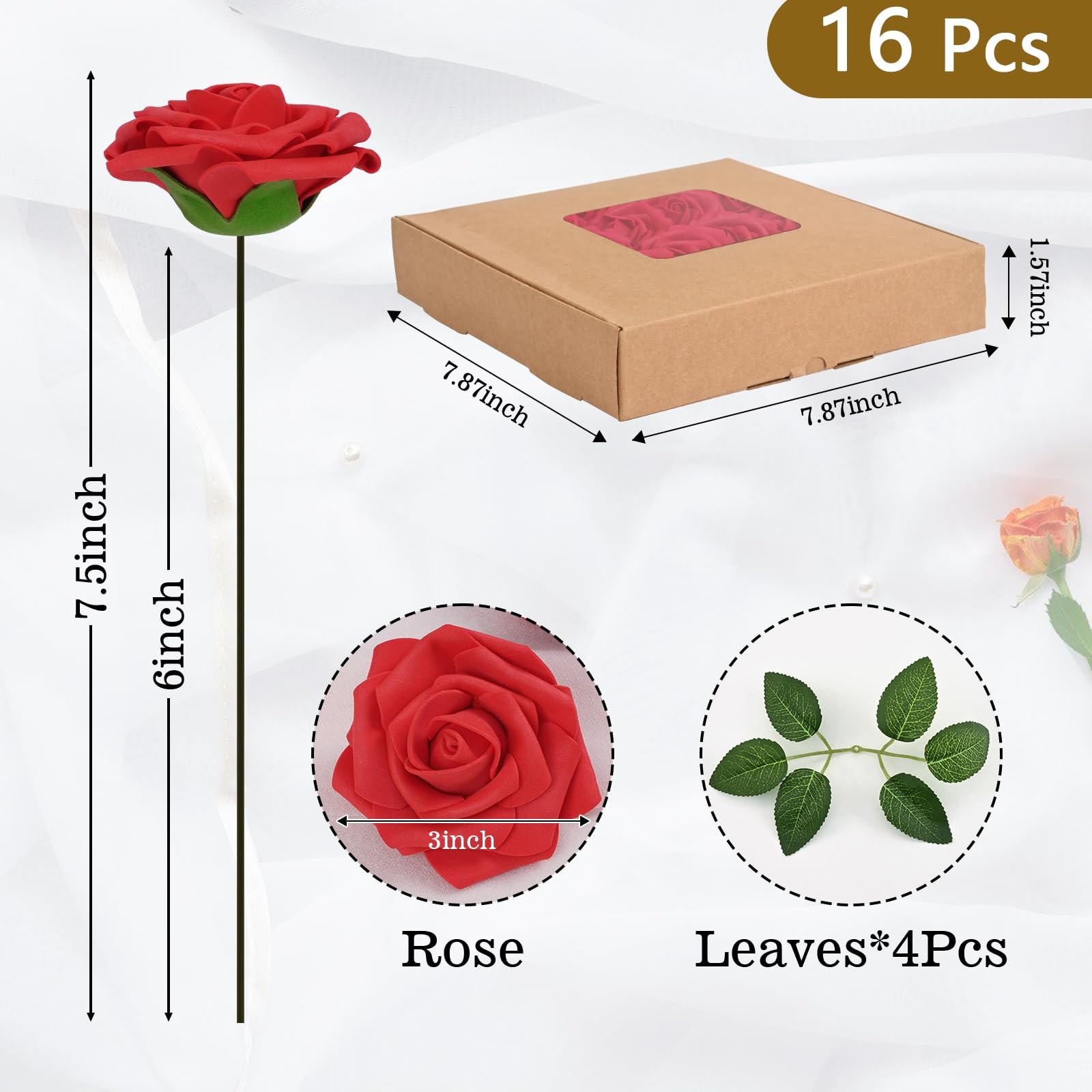 16Pcs Artificial Foam Roses, Red Boxed Flowers for DIY Weddings & Events