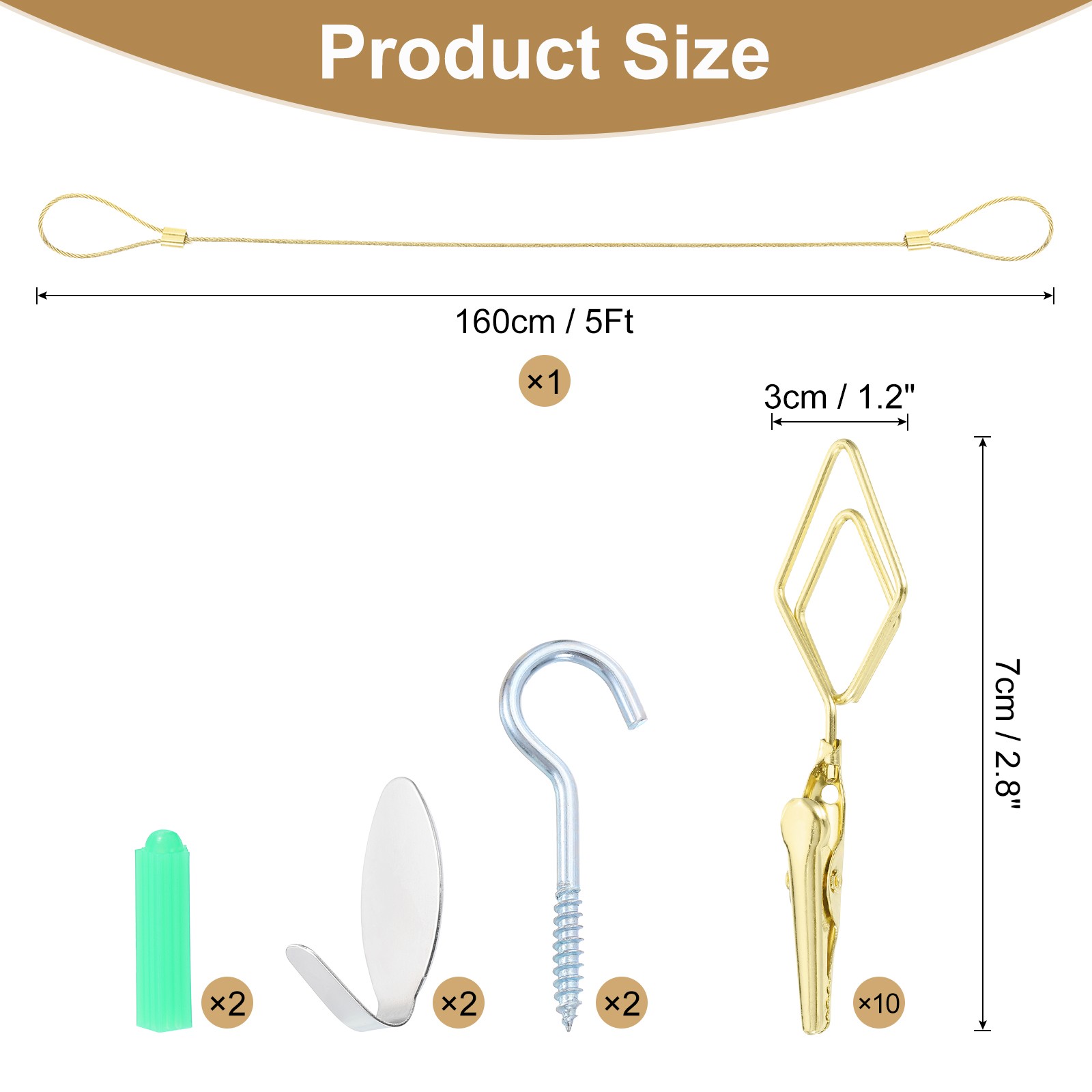 5Ft Wall Hanging Photo Display Cable Wire Rod with 10 Rhombus Clips, Gold