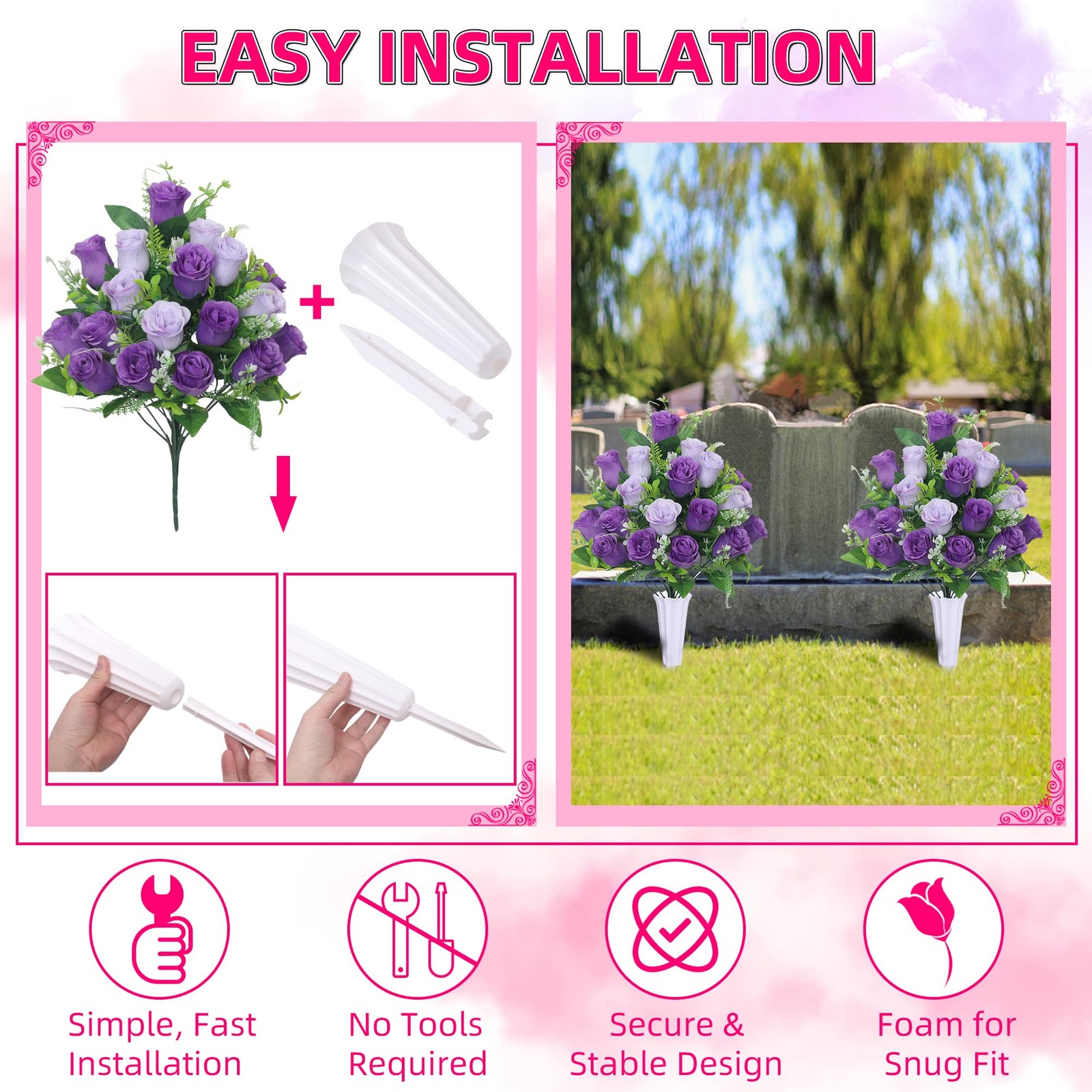 Set of 2 Artificial Cemetery Flowers, Grave Memorial Flowers with Vase, Outdo…