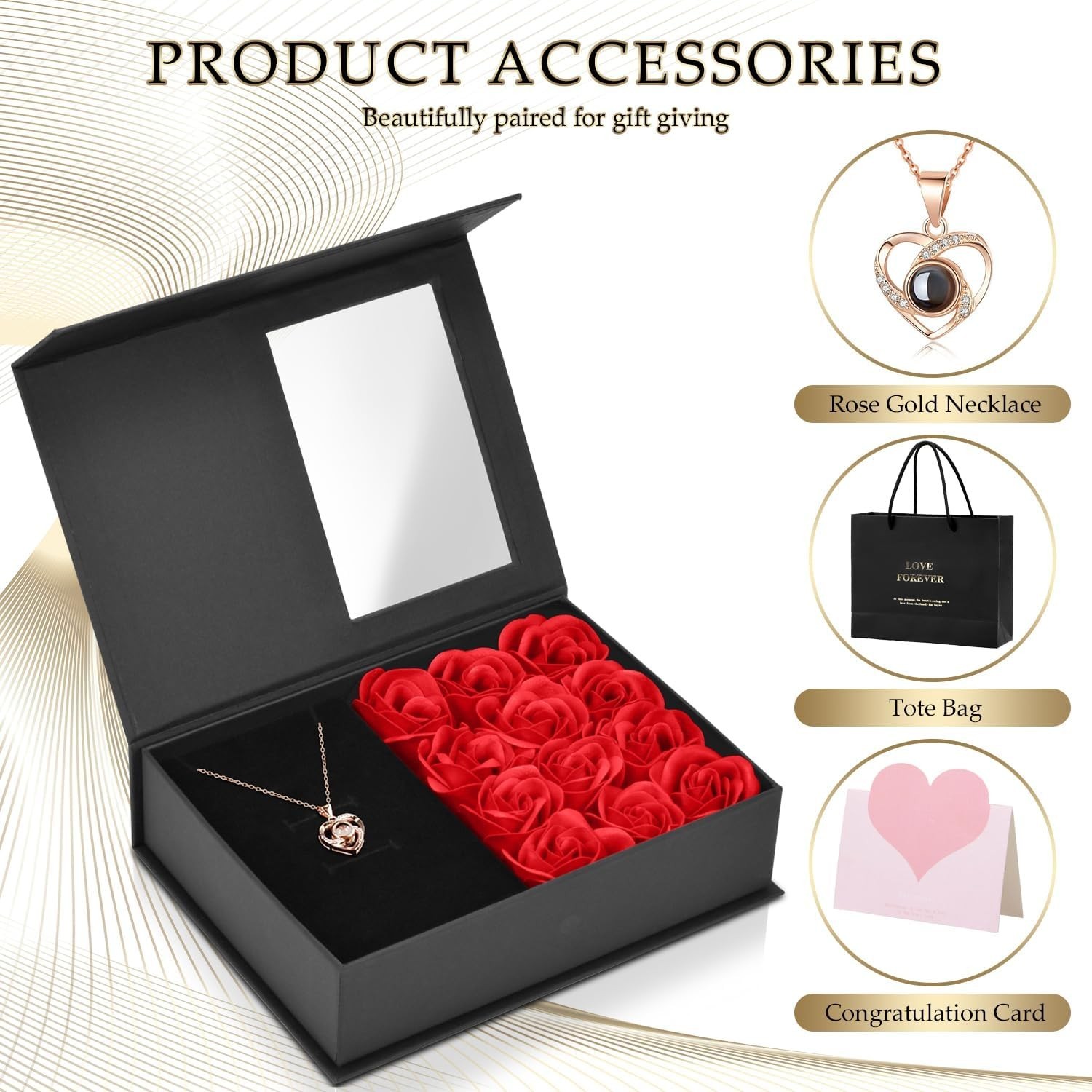 Preserved Eternal Real Rose Flower Gift Box With 14K Gold Plated Silver Necklace