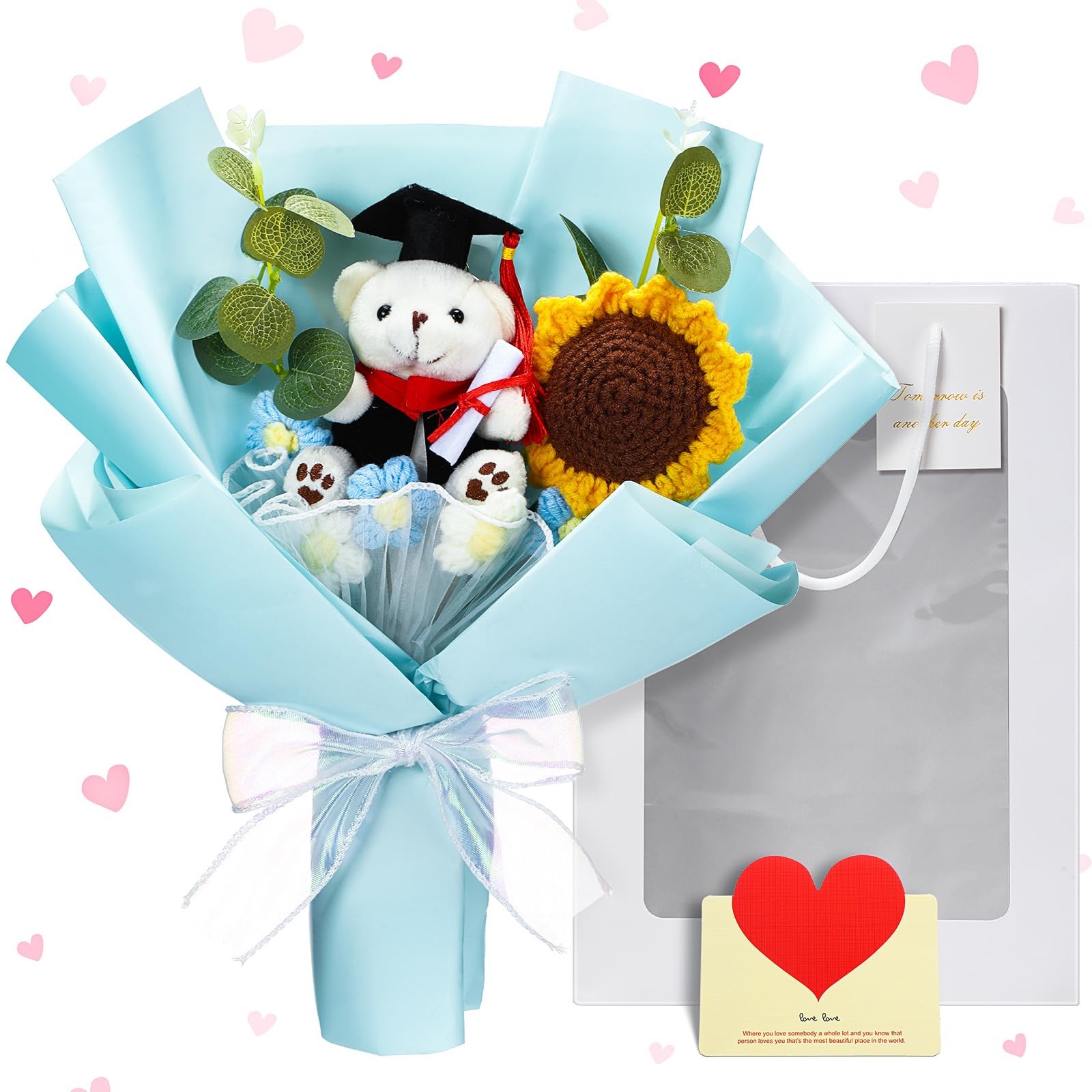 Graduation Crochet Flower Bouquet Set Includes Stuffed Bear Knitted Sunflower…