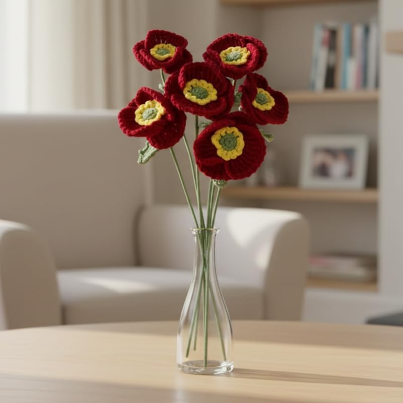 Poppies Flowers Artificial 6 Pieces,14.5in Fake Poppy Crochet Flower,Knitted …