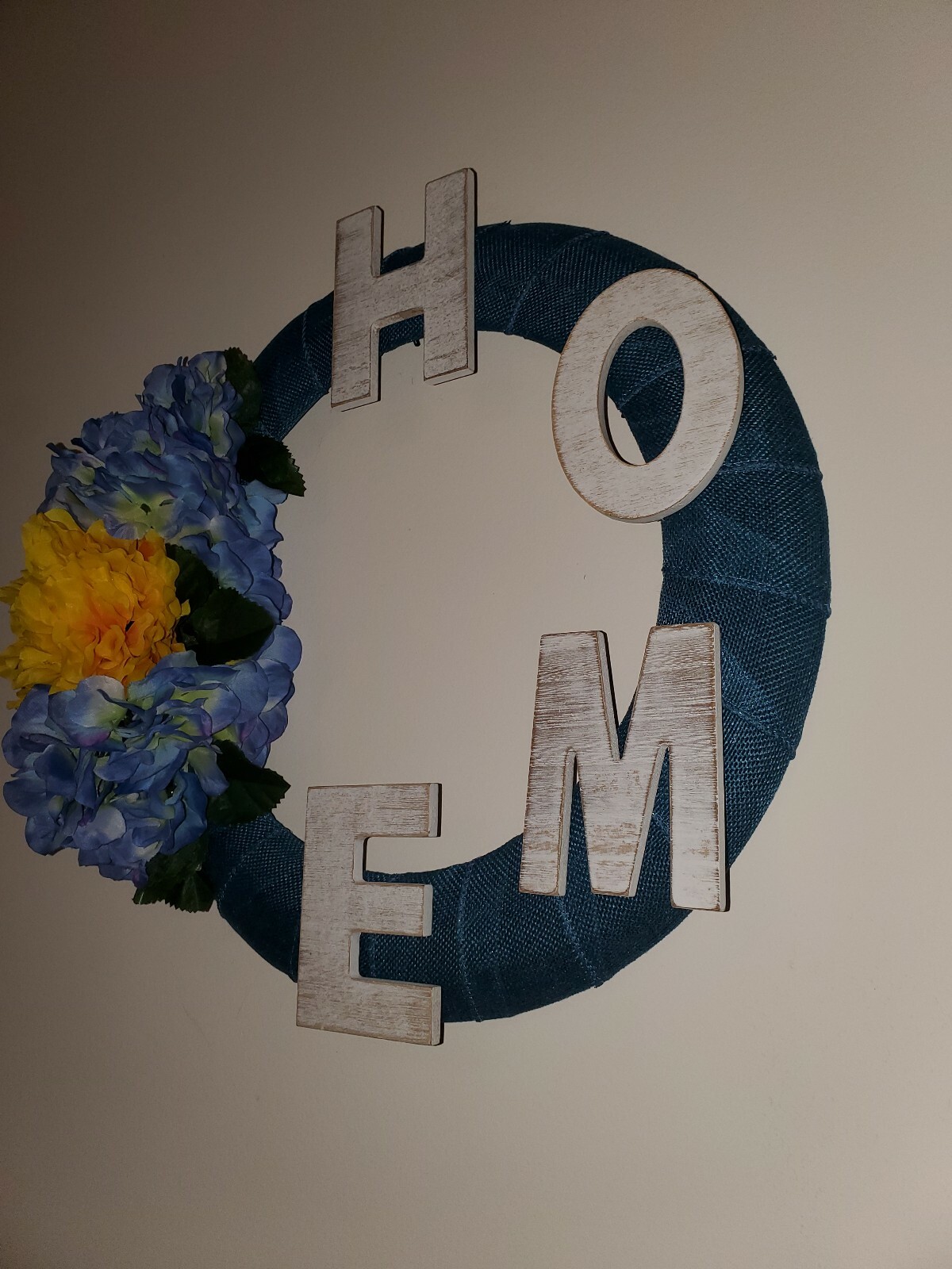 HOME blue teal FLOWERS Hydrangeas burlap WREATH FALL autumn Decor Front Door 15″