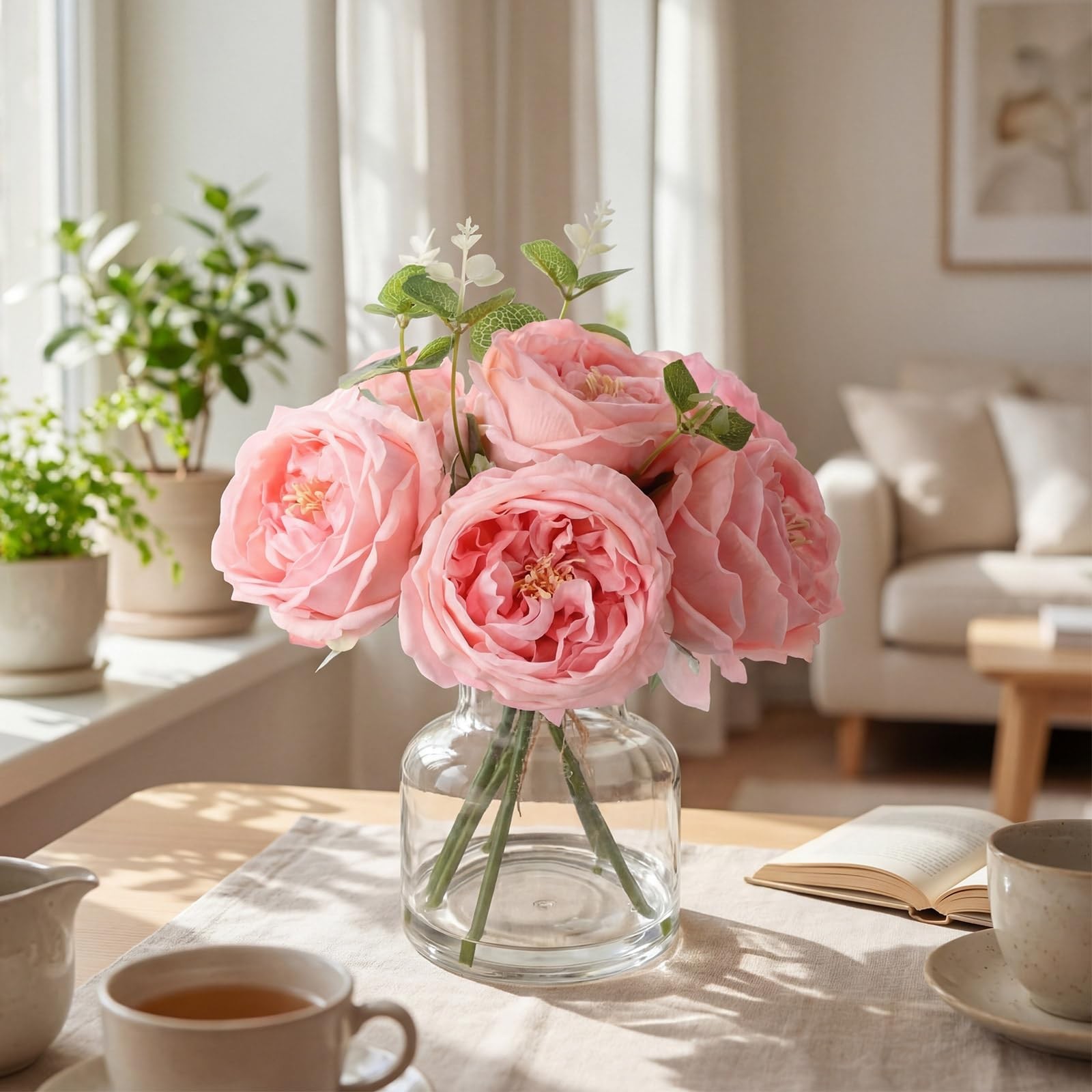 6 PCS Real Touch Peonies Artificial Flowers Faux Austin Rose In Vase Pink