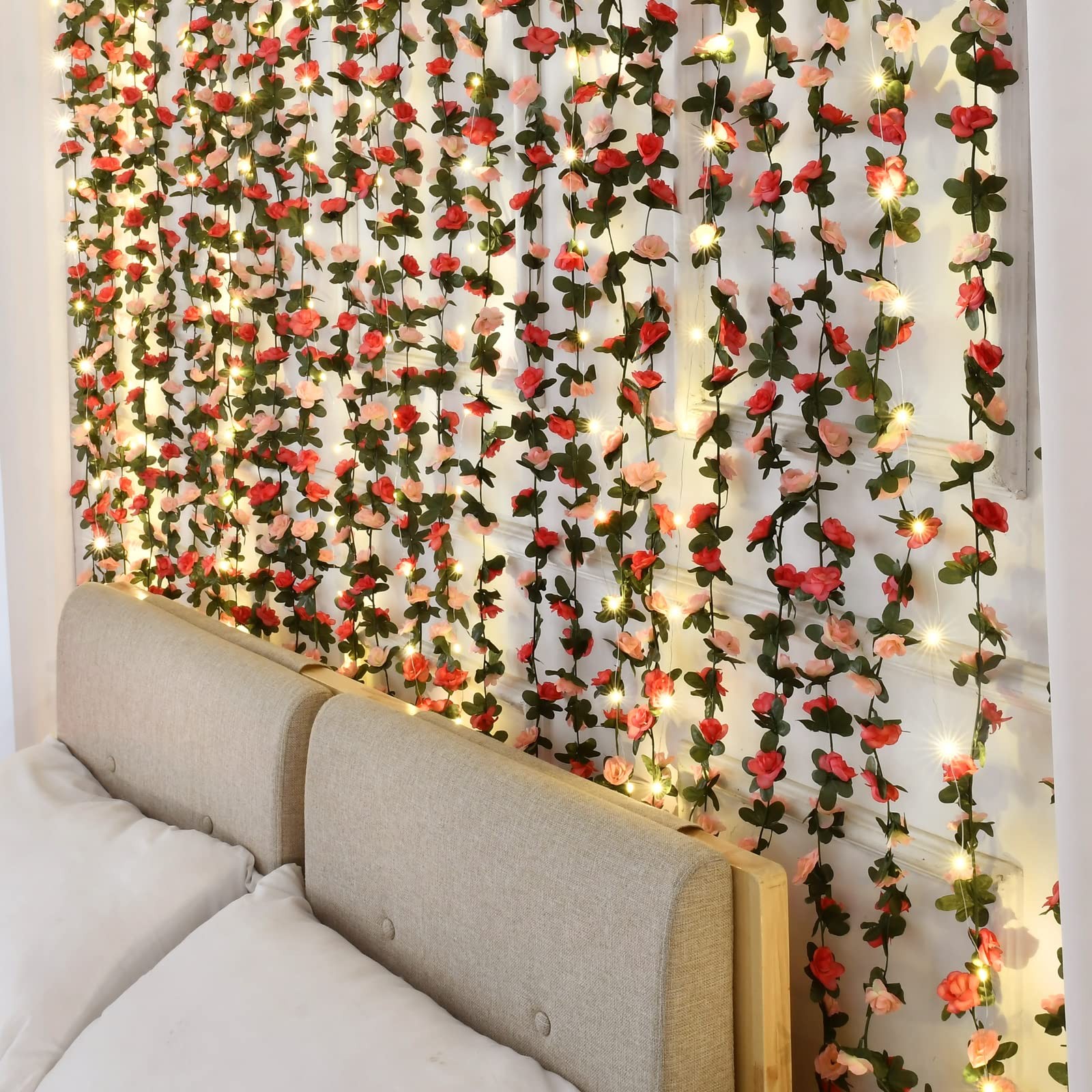 Flower Garland Rose Vines, 12 Strands 99Ft Flowers Vines for Bedroom, Rose Fl…