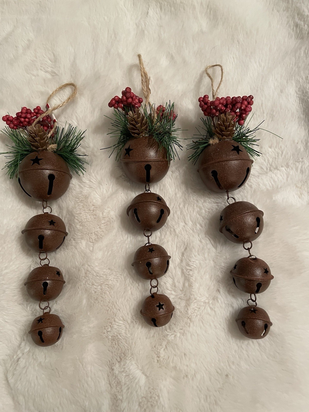 NEW Lot Of 3 Primitive Rustic JINGLE BELL CLUSTERS 8” Ornaments/Door Hangers