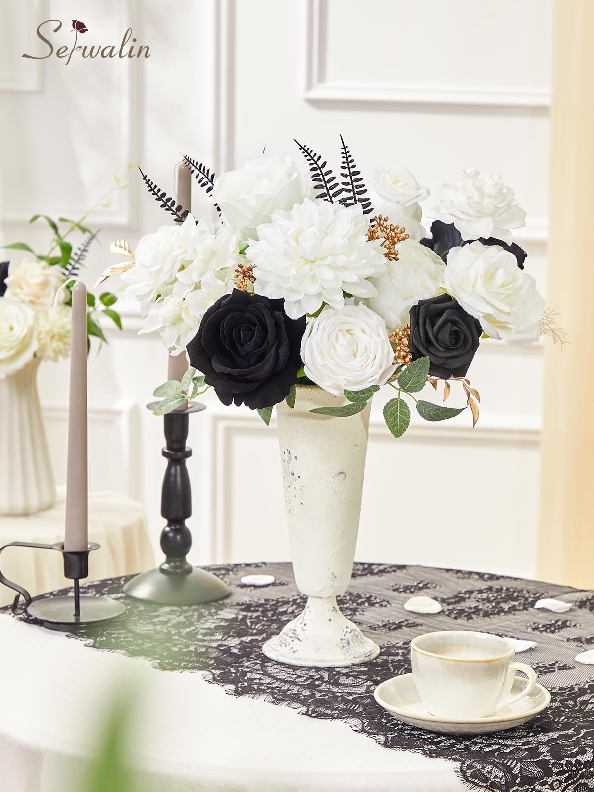 Black Artificial Flowers, White Roses Silk Fake Flowers for DIY Wedding Brida…