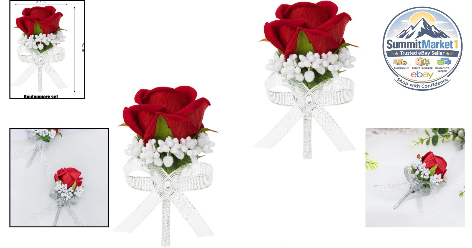 Red Rose Boutonniere Set of 2 Artificial Flowers Wedding Prom Party