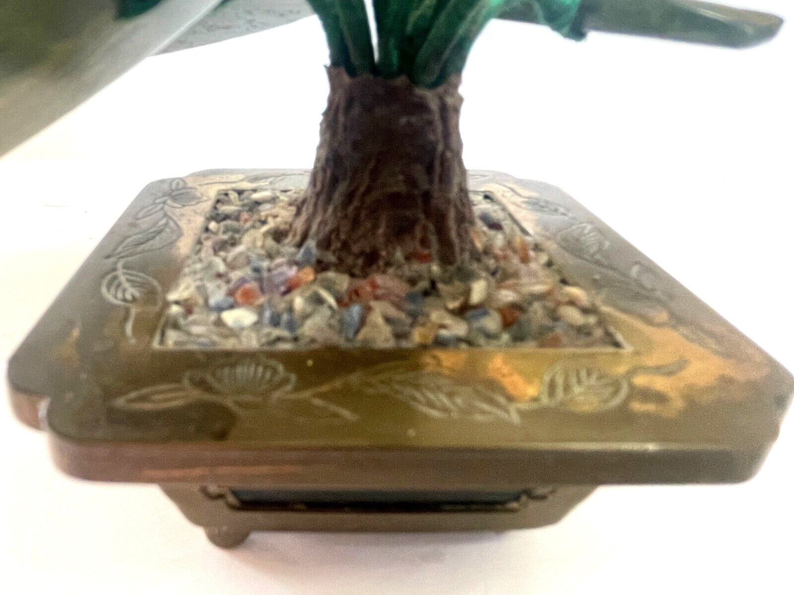 6 Jade Flowers and Petals in Brass Planter 4 “1970s Made in Hong Kong Vintage