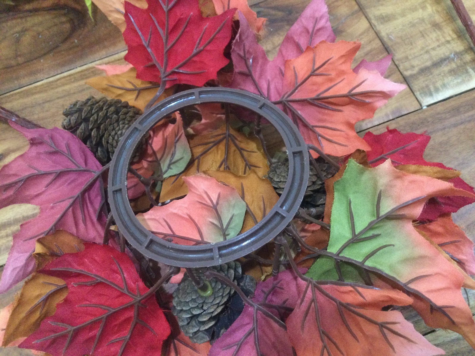 Candle Ring Oak Leaves PINECONE Fall Floral Decor 3.5” DIAM+ 3 BUSHES SILK