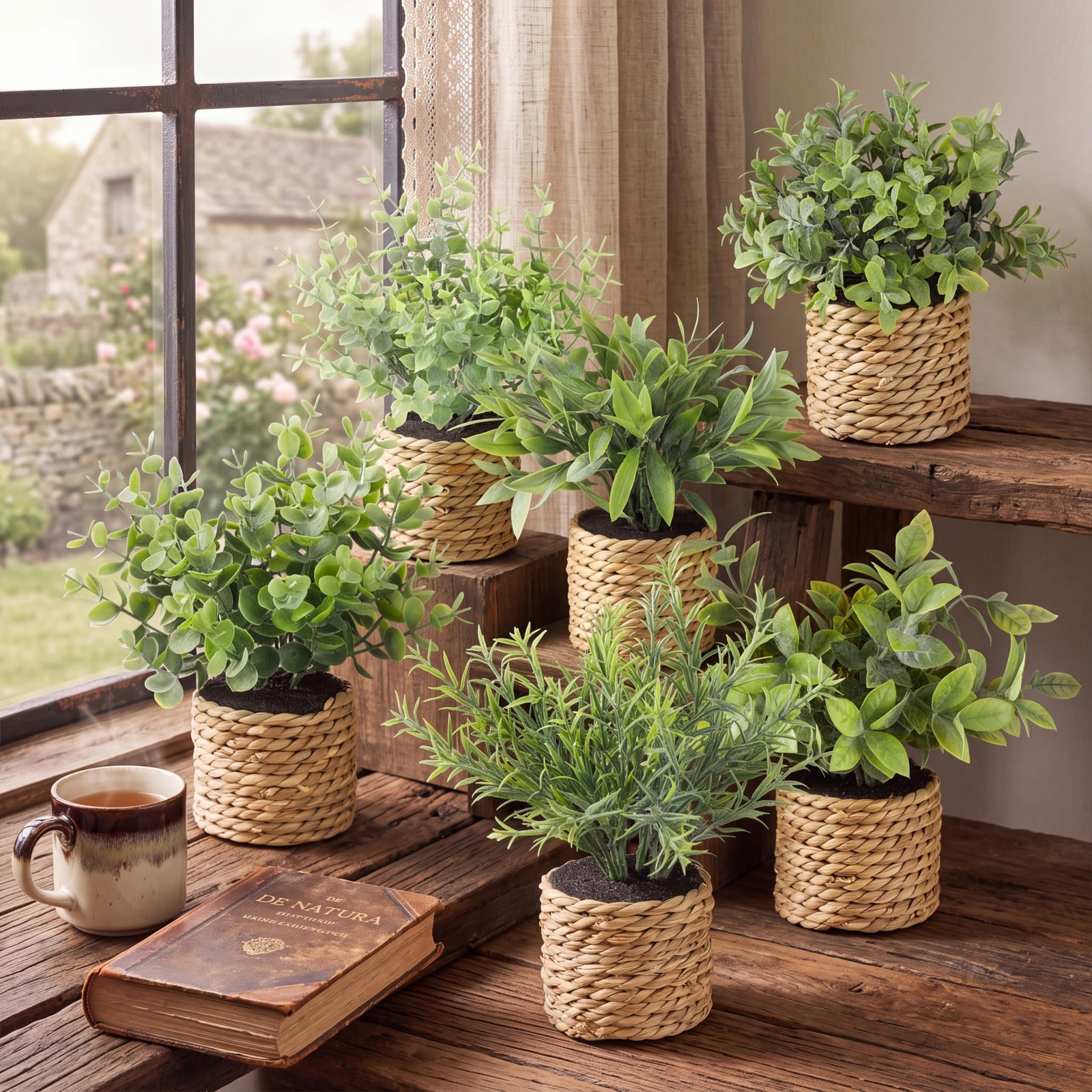 Eucalyptus 6 Pack Small Fake Plants Artificial Plastic Plants in Pots Woven P…