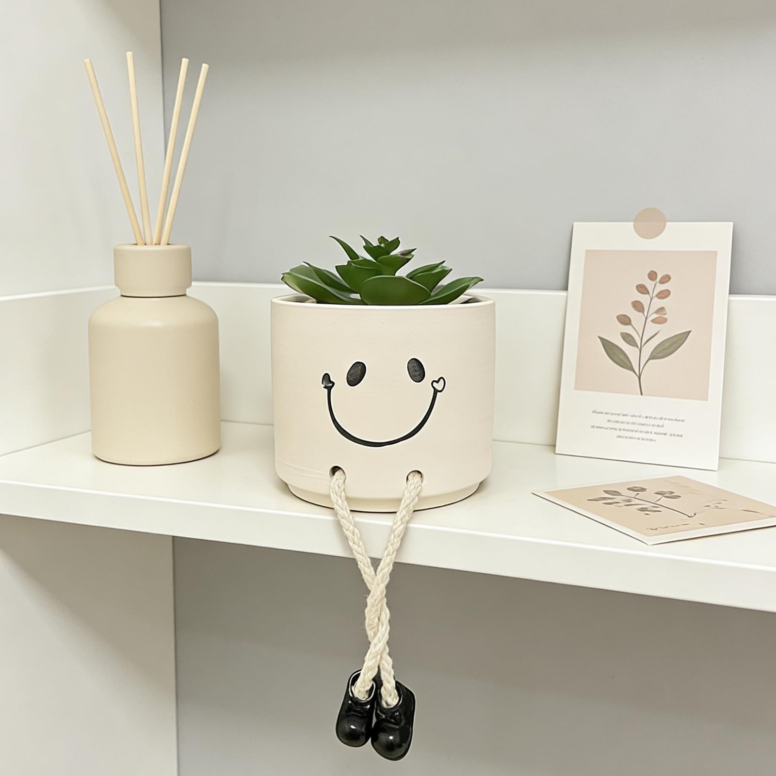 Small Fake Plants Office Decor, Cute Smiling Ceramics Planter with Artificial…