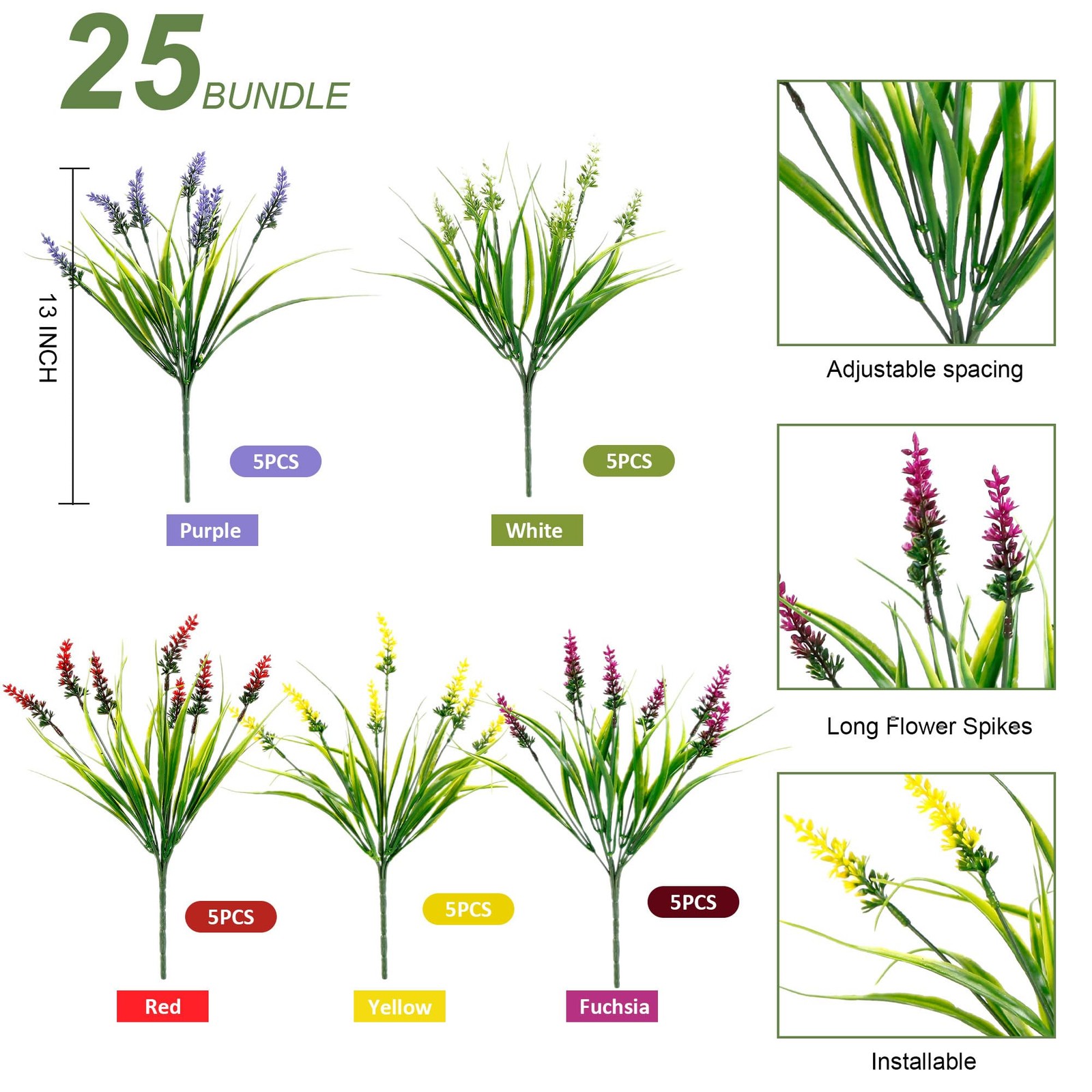 25 Bundles Artificial Plants Outdoor Fake Monkey Grass with Flowers Faux Gree…