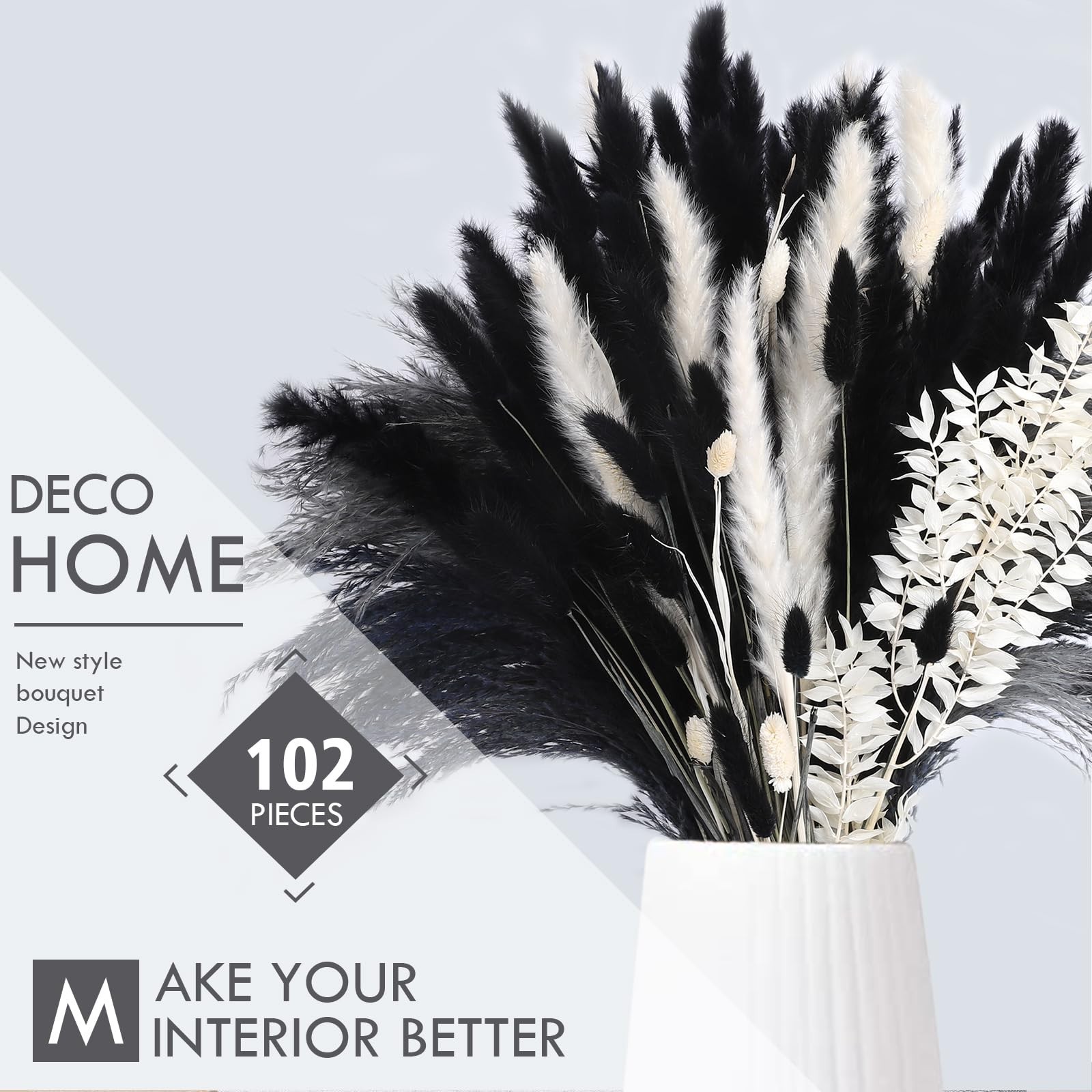 102PCS Dried Pampas Grass Bouquet – Black & White Natural Decor for Weddings, Bo