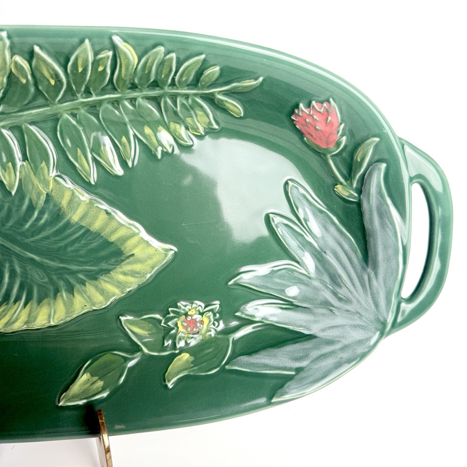 Opalhouse MAIOLICA STONEWARE GREEN LEAF FLORAL Decorative Tray 18″X9″ Handles