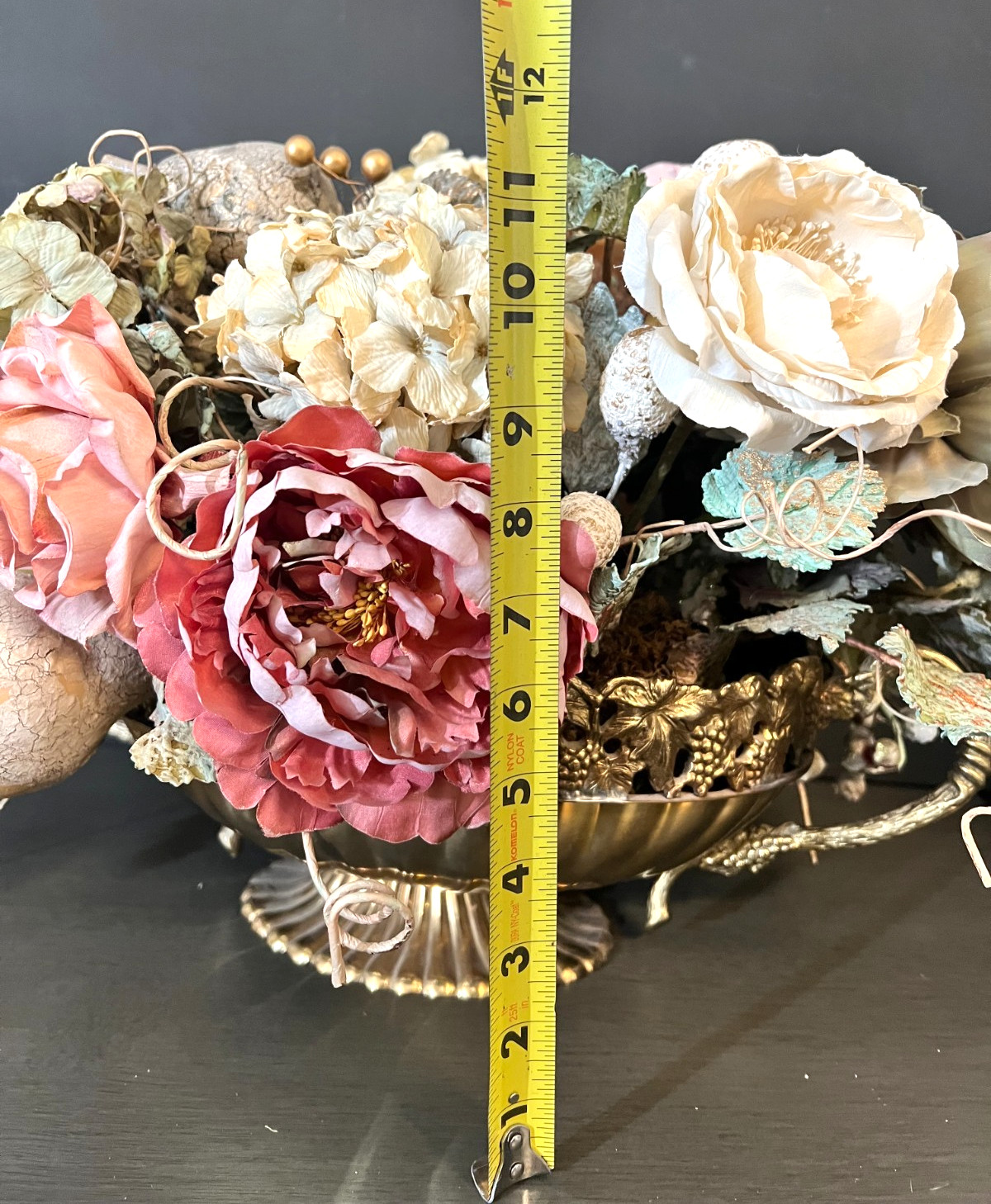 Vtg Large Ornate Grapevine Gooseneck Handle Brass Centerpiece Bowl Faux Flowers