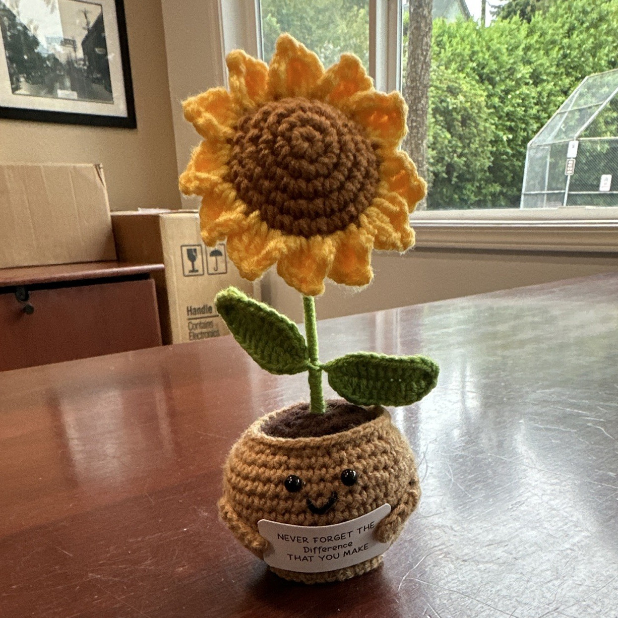 Artificial Crocheted Yarn Sunflower Flower Pot, Yellow Brown Green Gift