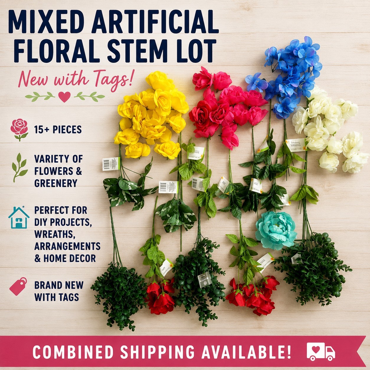 Mixed Artificial Flower & Greenery Stem Lot Roses Hydrangea Floral Craft Decor