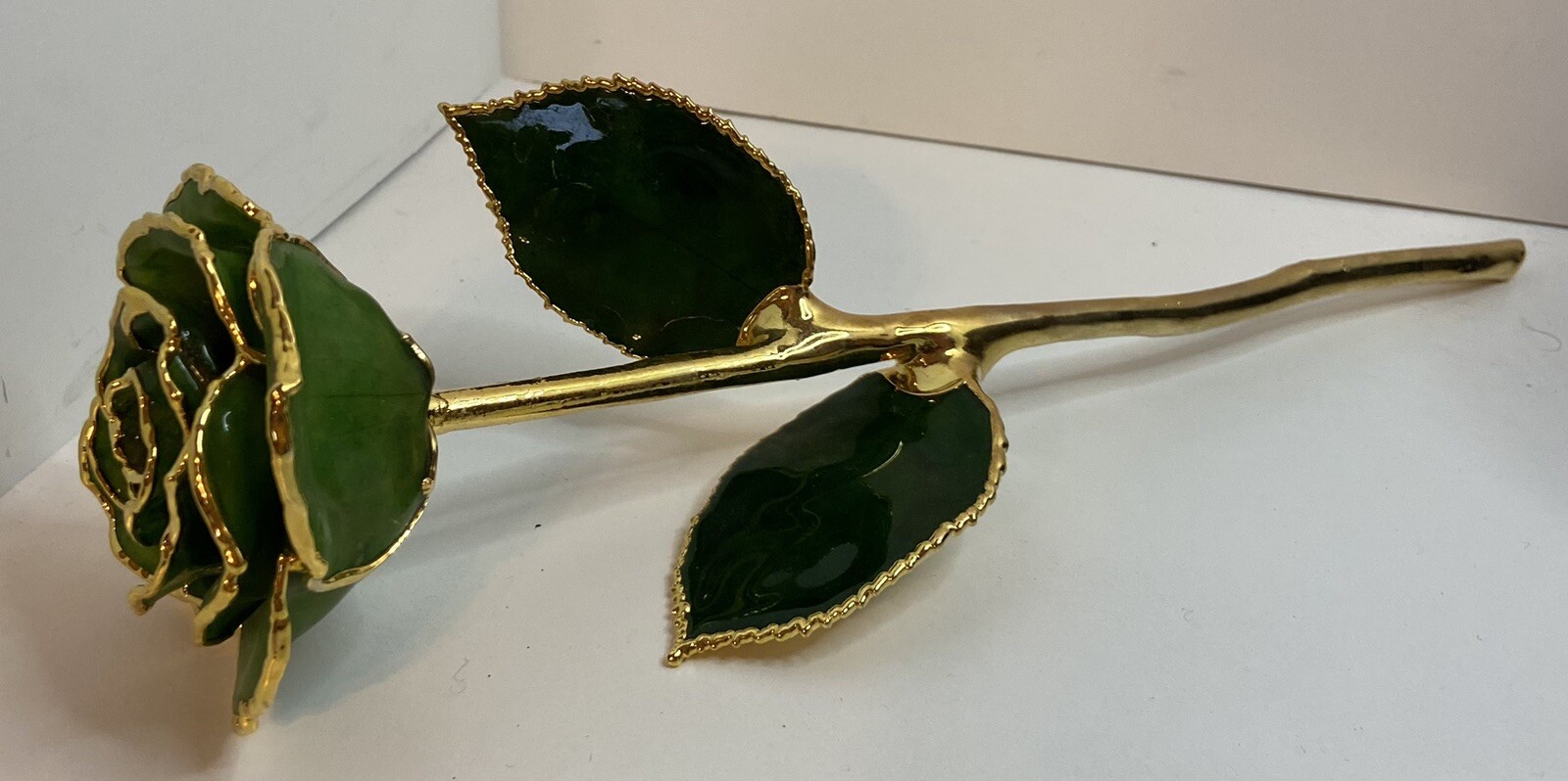 11″ EMERALD GREEN, GOLD DIPPED ROSE, ENAMELED AND DIPPED. LONG STEM ROSE. VGC