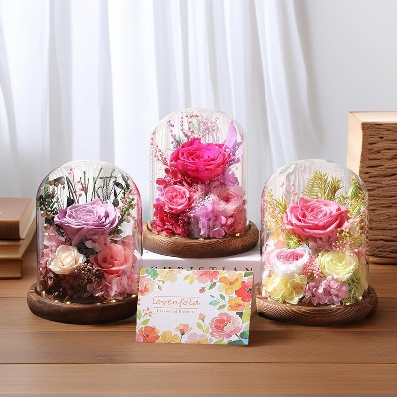 Long Lasting Preserved Roses in Glass Dome W/ LED Lights Unique Gift Idea New