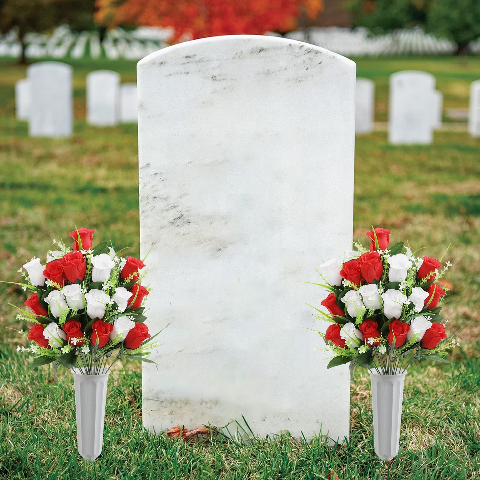 2Pcs Artificial Cemetery Flowers for Grave Silk Memorial Rose Flowers Outdoor…