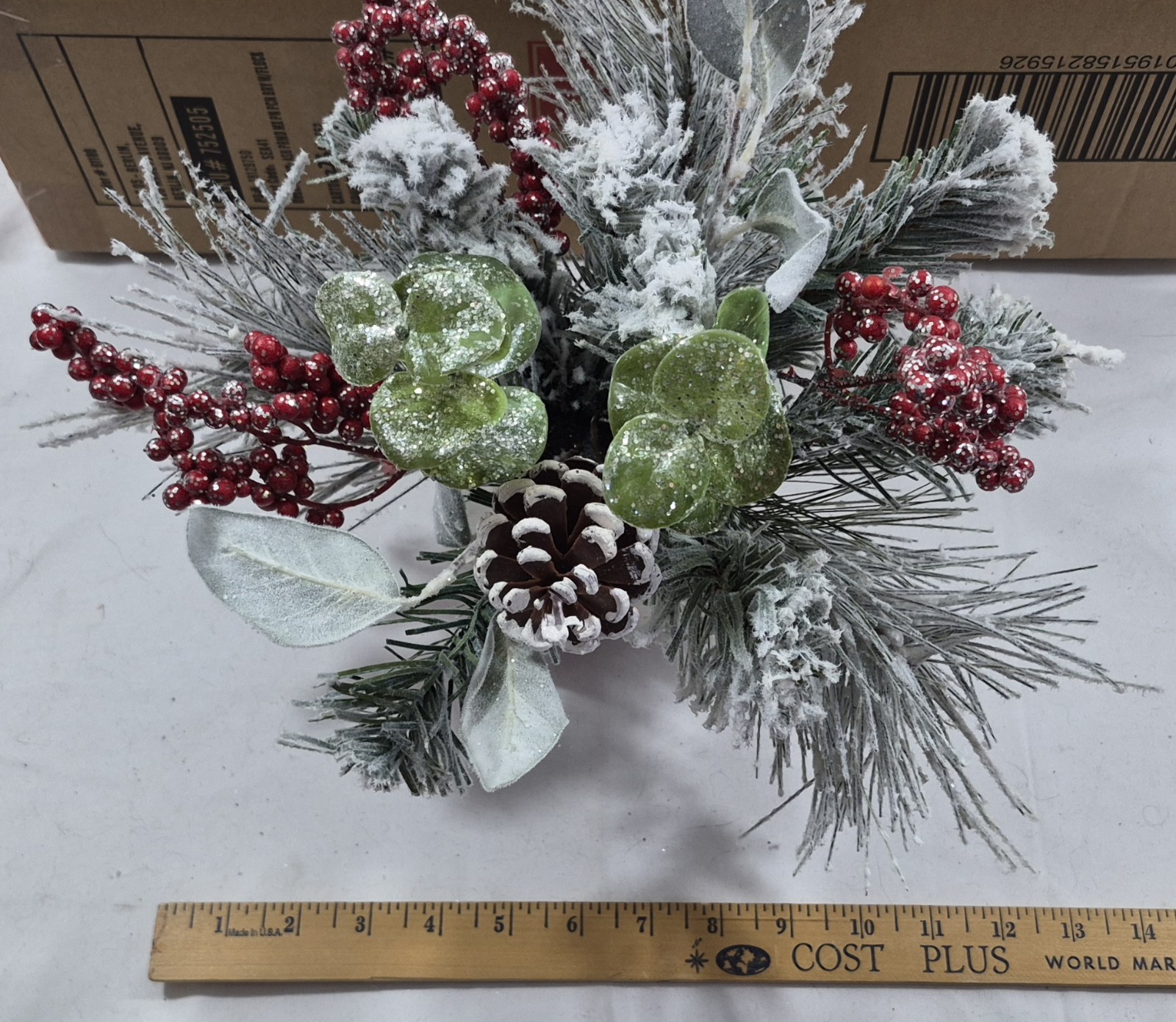 Case Of 4 Holiday Centerpiece Vase Flocked Pinecone & Red Berry Mix Ashland
