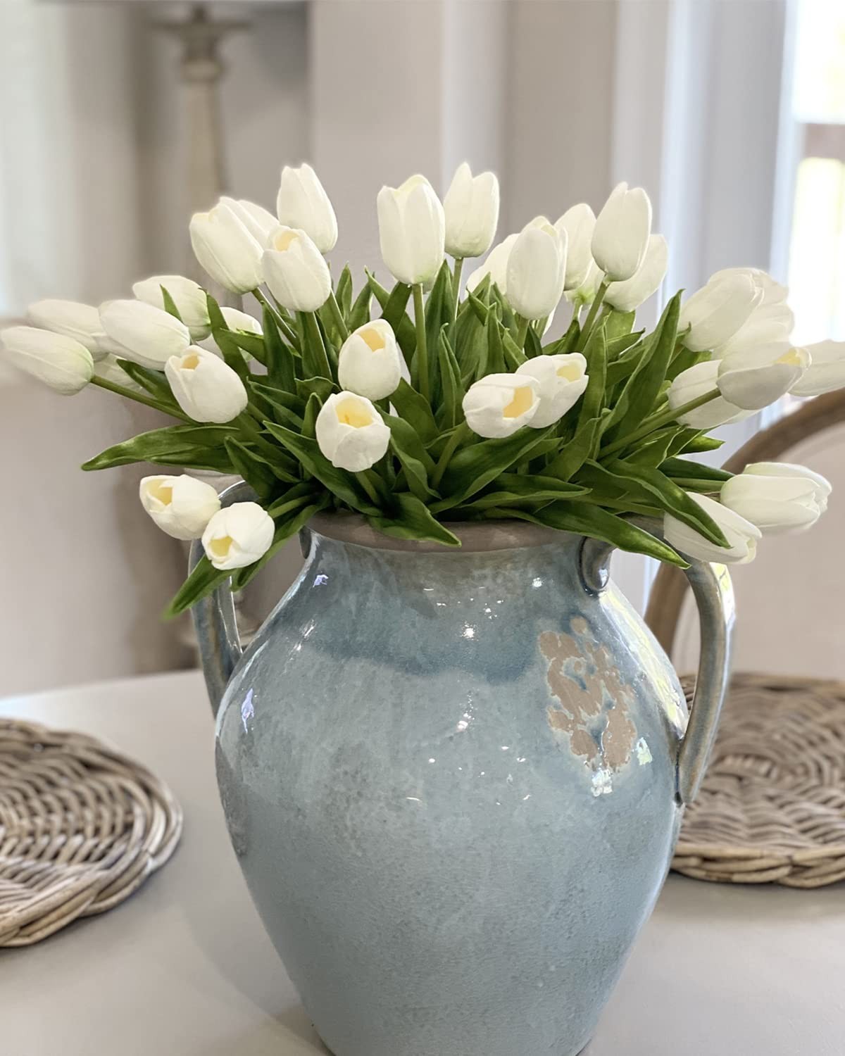 White Tulips Artificial Flowers 18Pcs Faux Silk Tulip Real Touch Tulip Fake F…