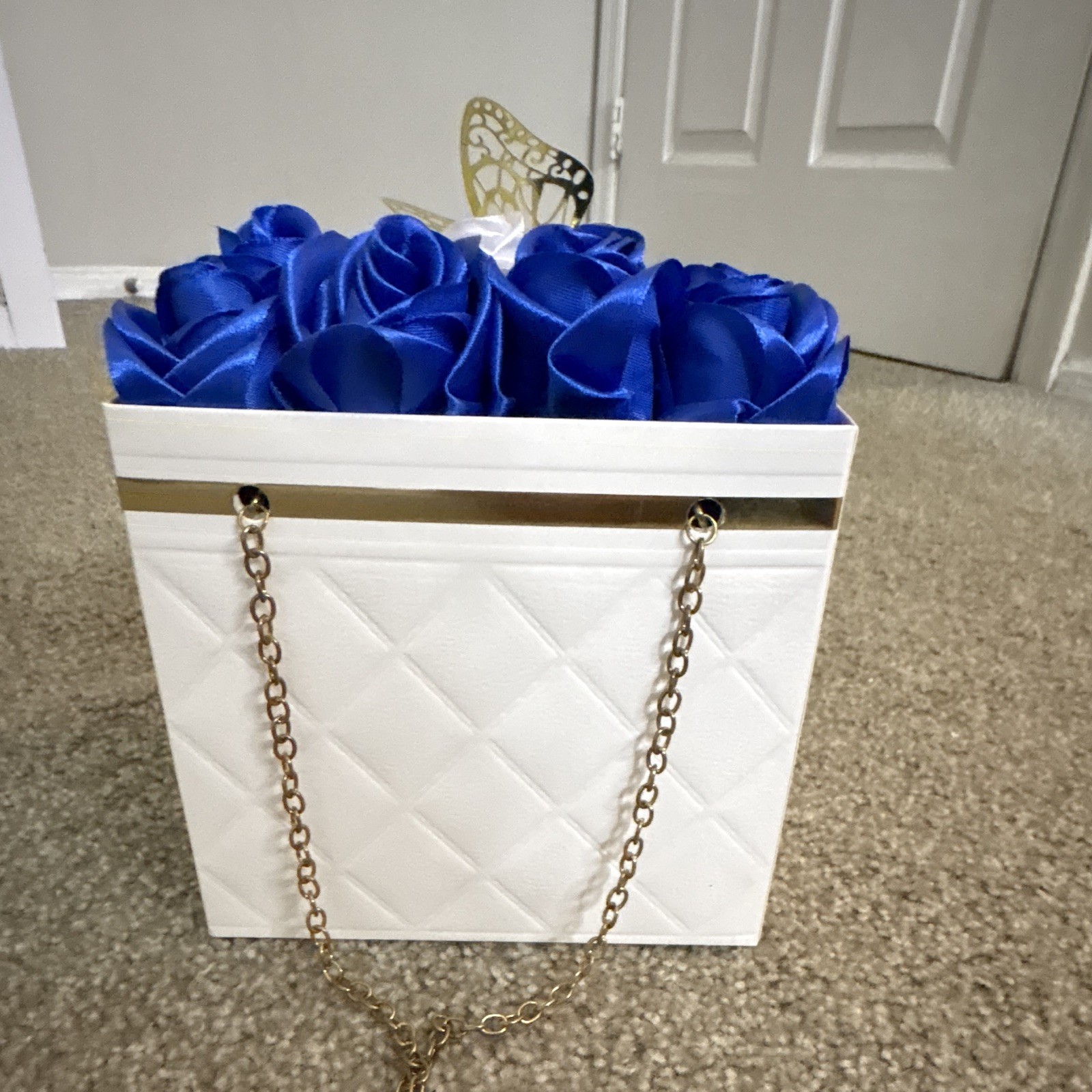 Artificial Blue Rose Flower Box Arrangement, White Quilted Box, Gold Butterfly