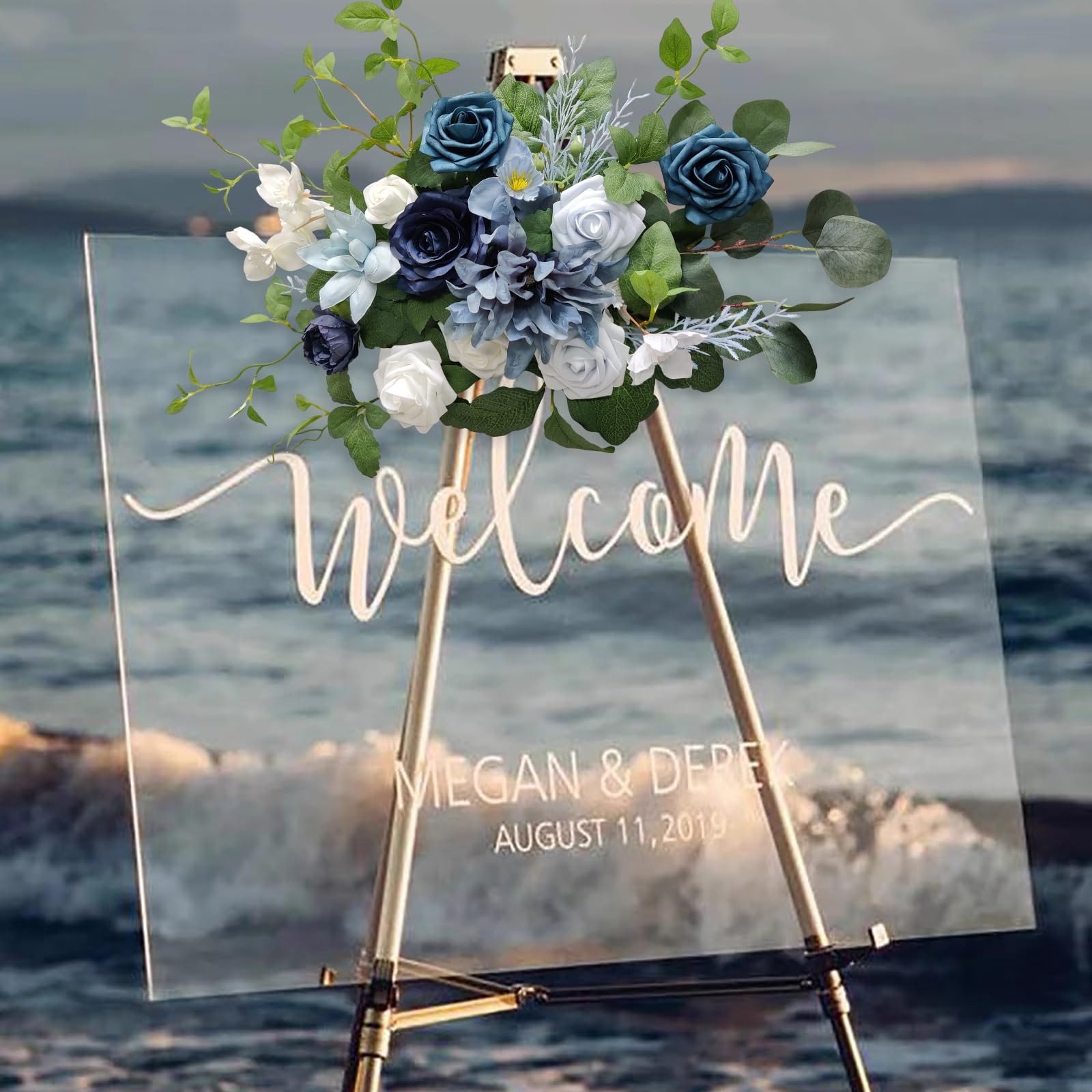 Wedding Flower Swag, Artificial Dusty Blue Flowers Wedding Welcome Sign Flora…