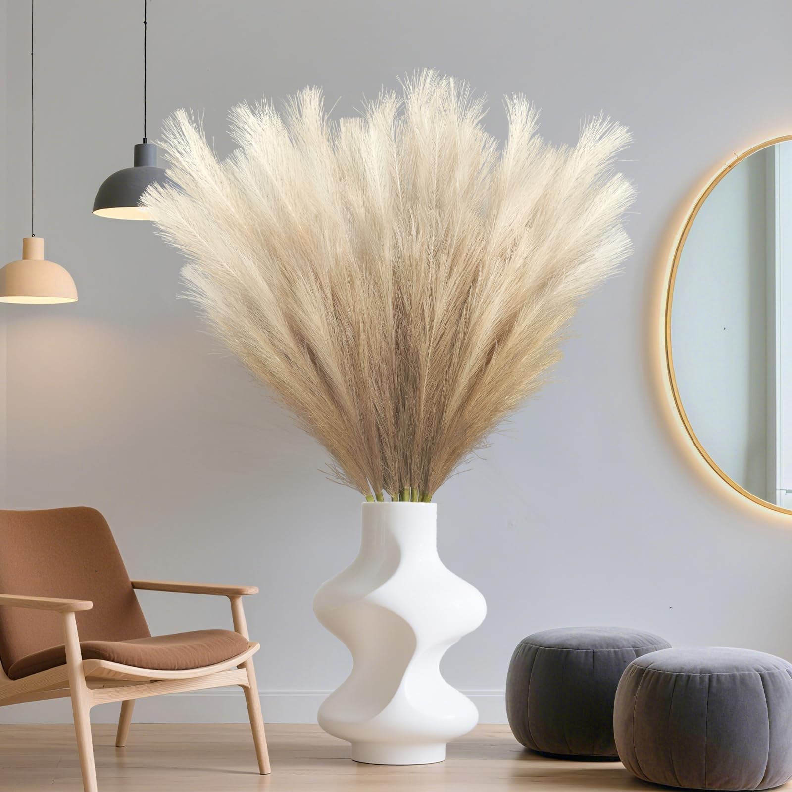 8Pcs Beige Brown Faux Pampas Grass Tall Decor, 35.4” Fluffy Artificial Pompou…
