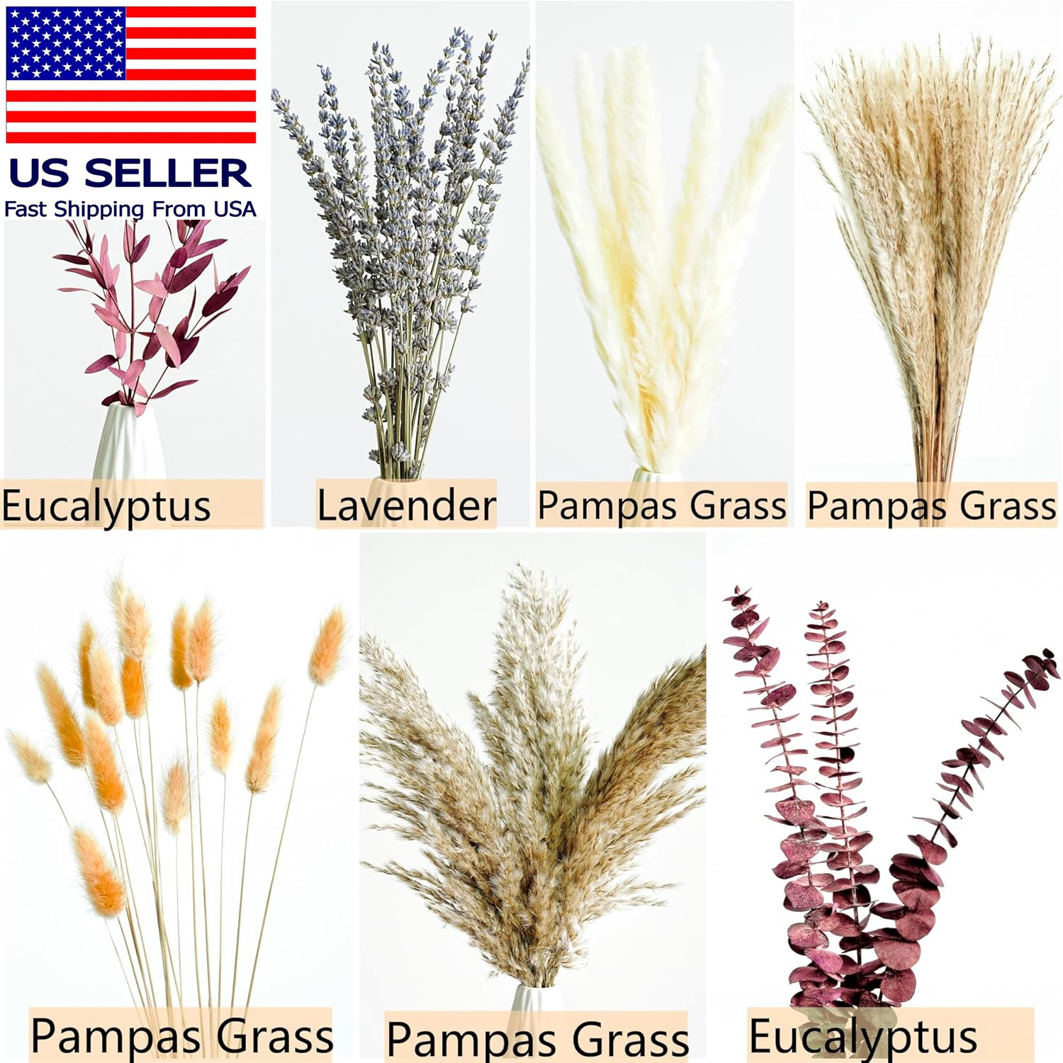 Fall Dried Flower Bouquet with Pampas Grass, Orange Bunny Tails, Lavender & Red