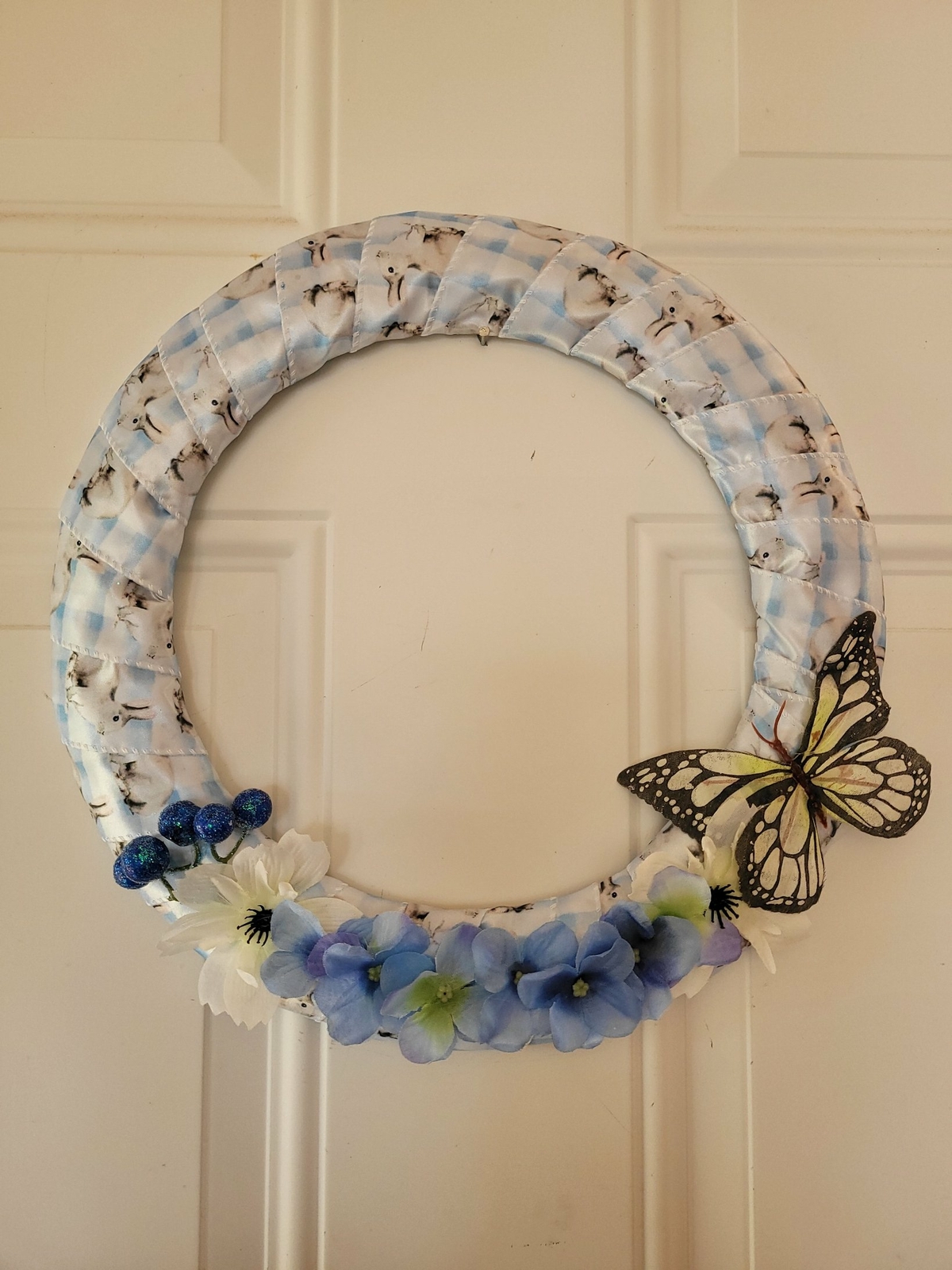 Bright Blue Bunny Spring Wreath with butterfly and pansies, middle size wreath,