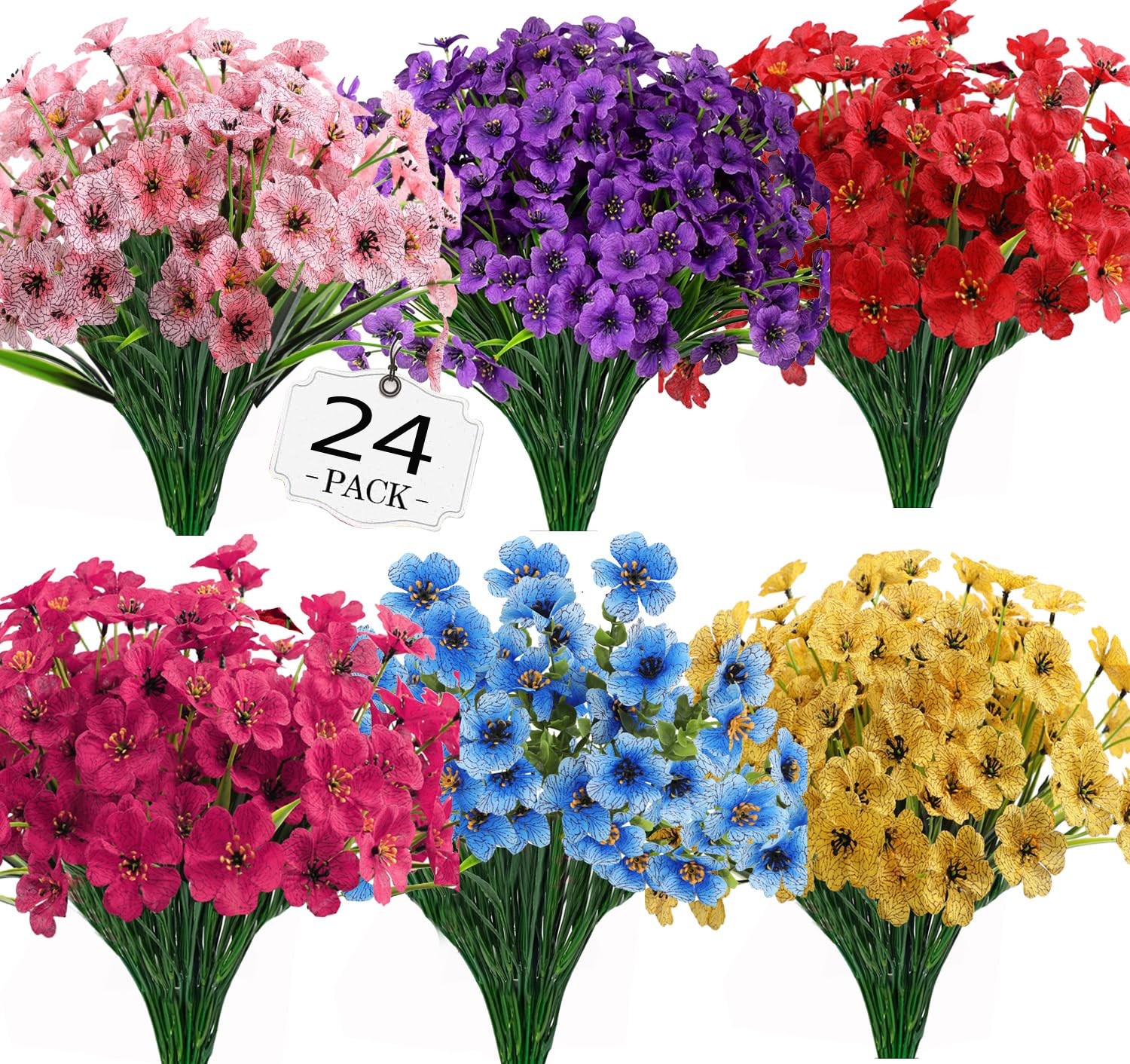 Artificial Flowers for Indoor 24 Bundles Fake Flowers UV Resistant Faux Plast…