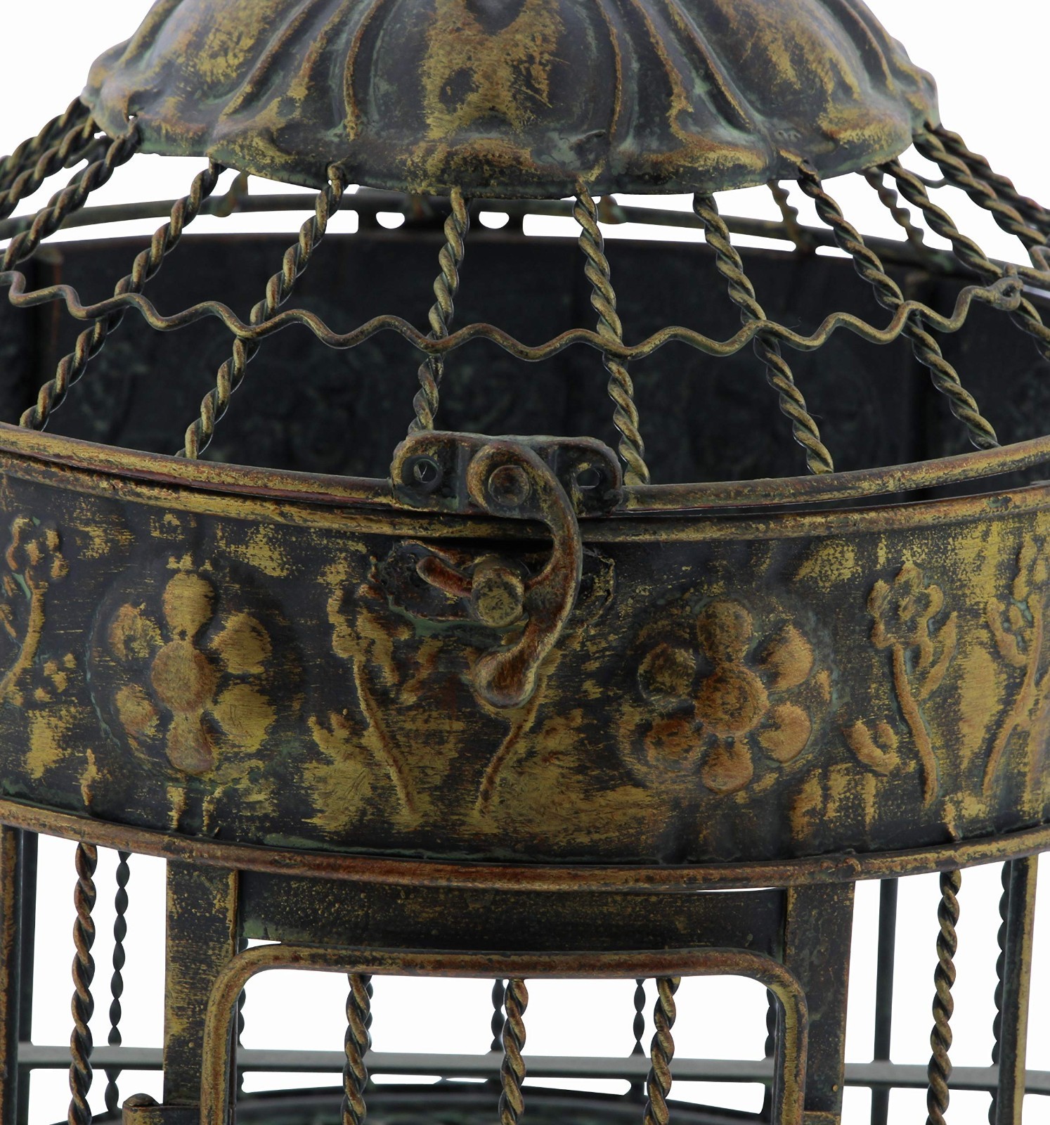 Antique Metal Floral Birdcage Set of 2 – Twisted Rod, Latch Closure, Hanging Hoo
