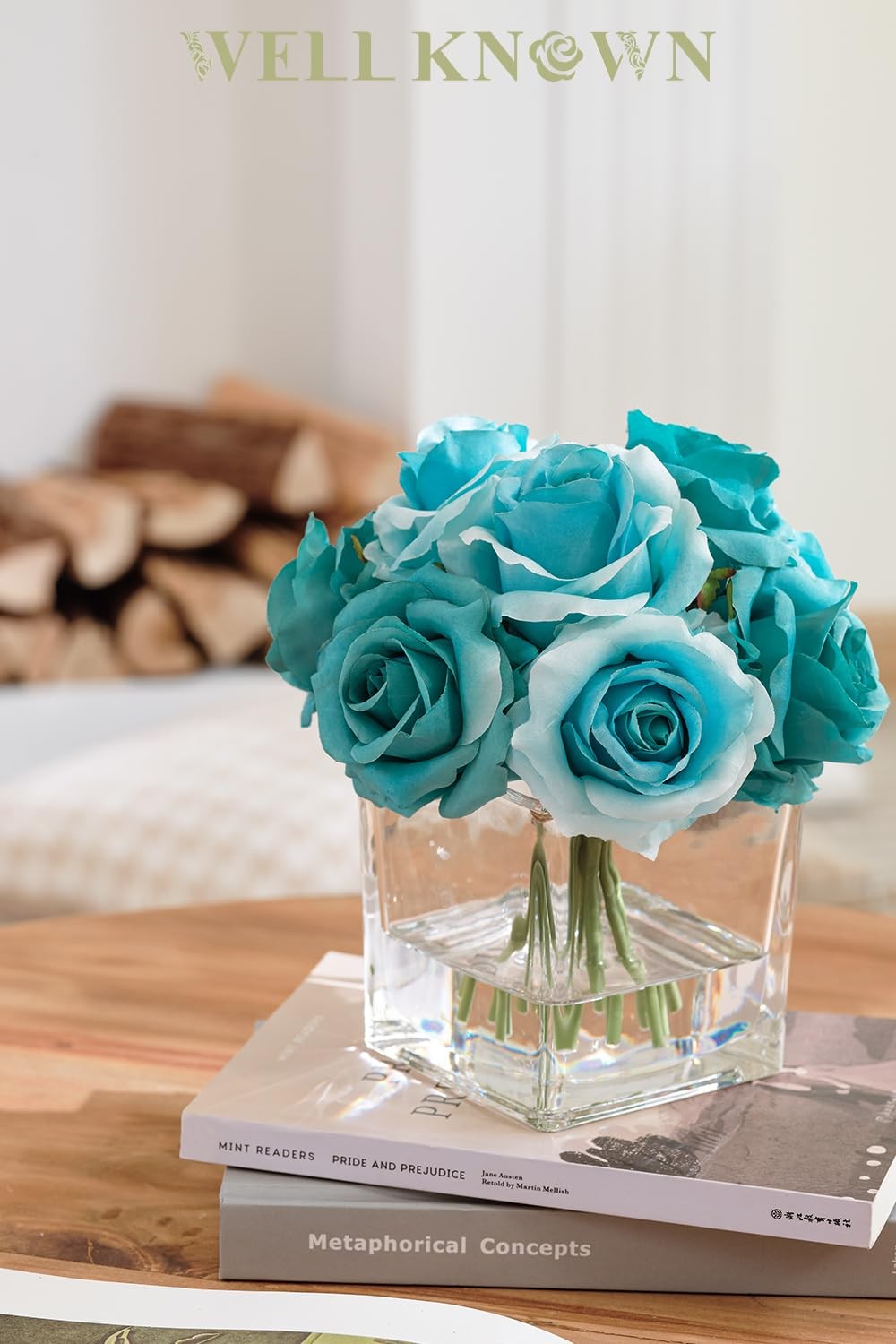 Rose Artificial Flowers Vase Faux Water Silk Centerpieces Home Decor Teal Blue