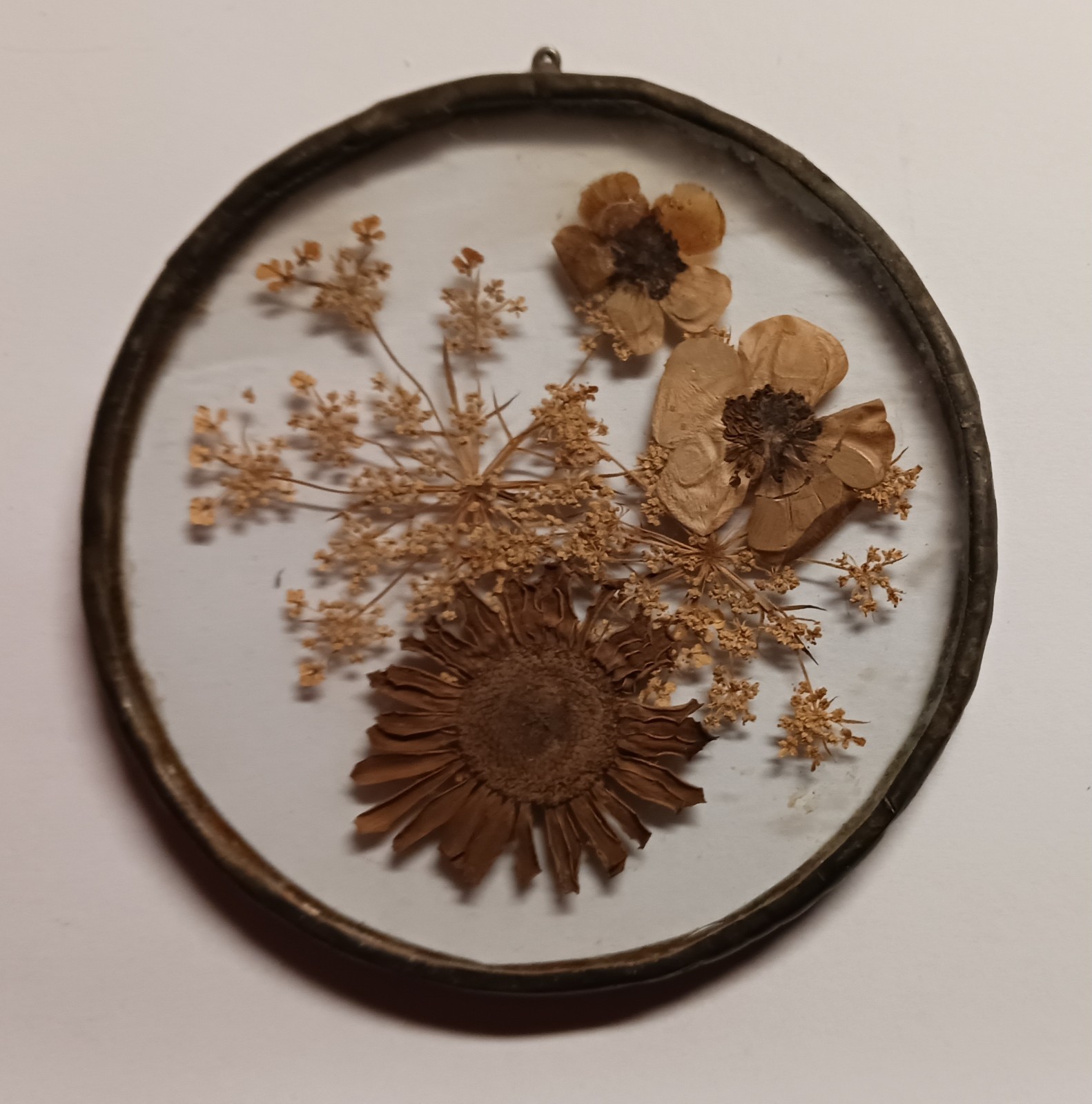 Trio of Vintage Pressed Sun Catcher Decorations with handmade lead frame/hanger