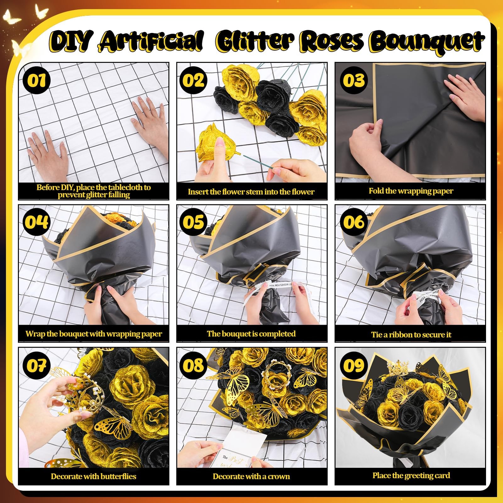 36 PCS Glitter Roses Bouquet Kit, Black, Gold Sparkling Flower Arrangement wi…